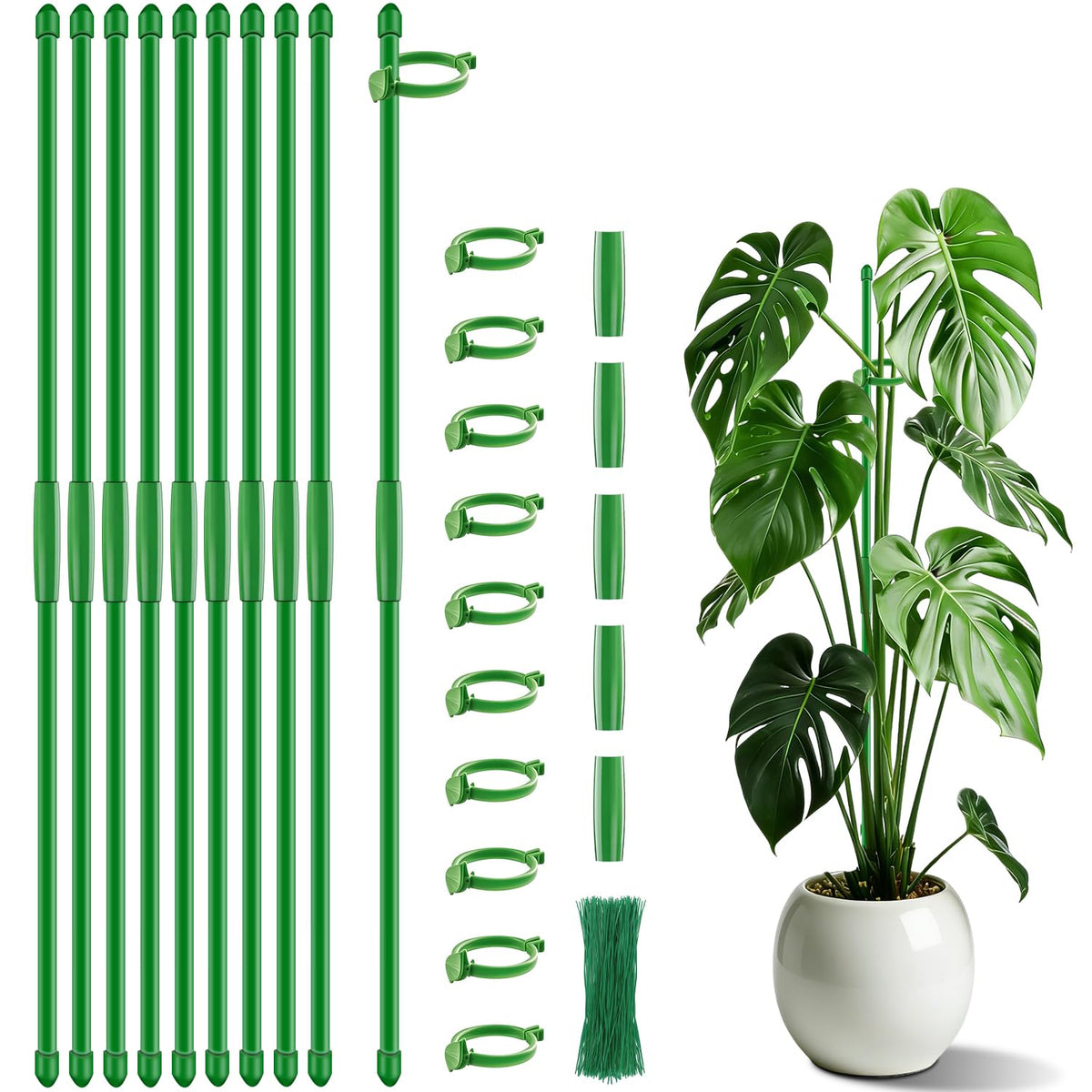 SupKing 17 inch plant stakes with clips, green, front view