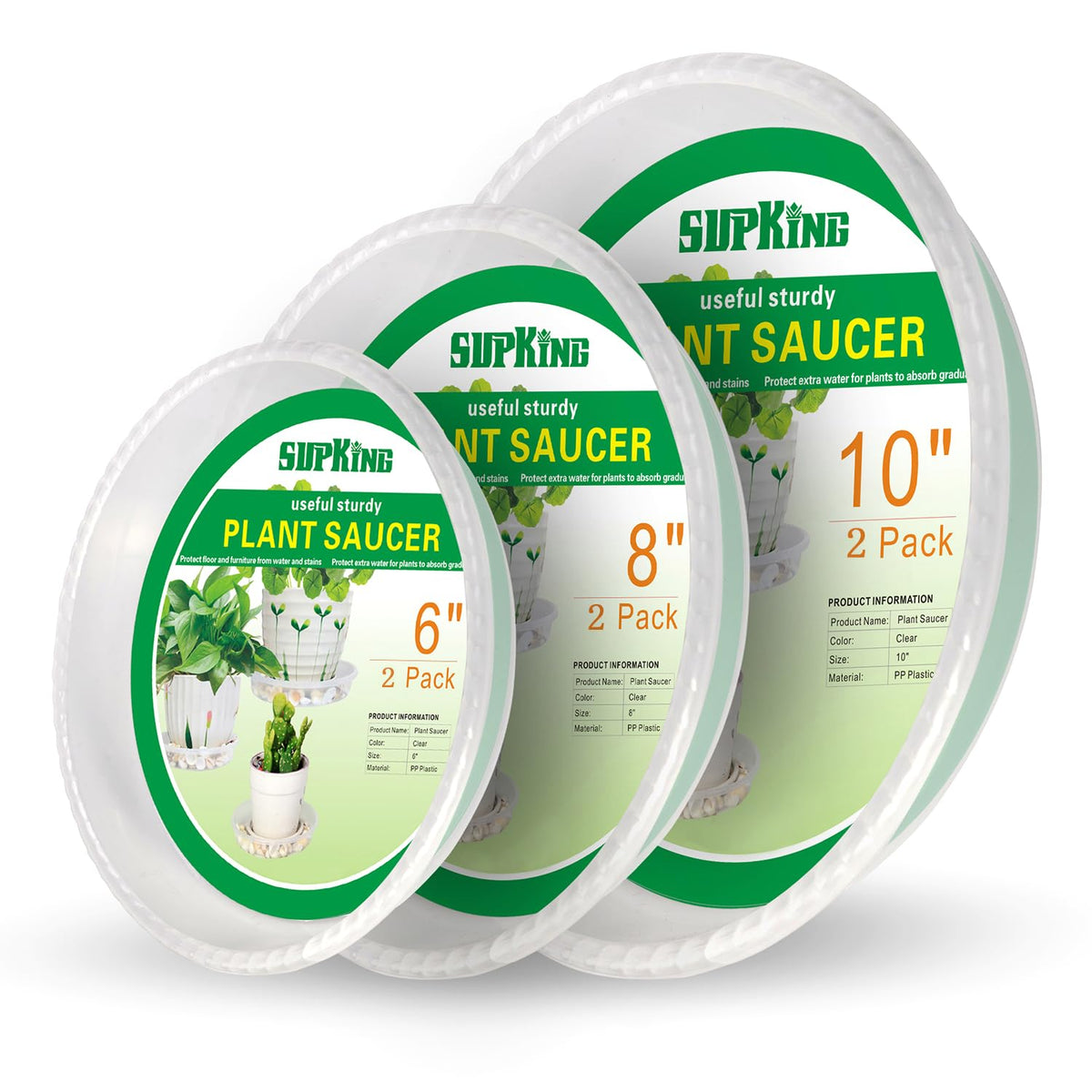SupKing 6 Pack Plant Saucers in clear plastic, sizes 6in, 8in, 10in
