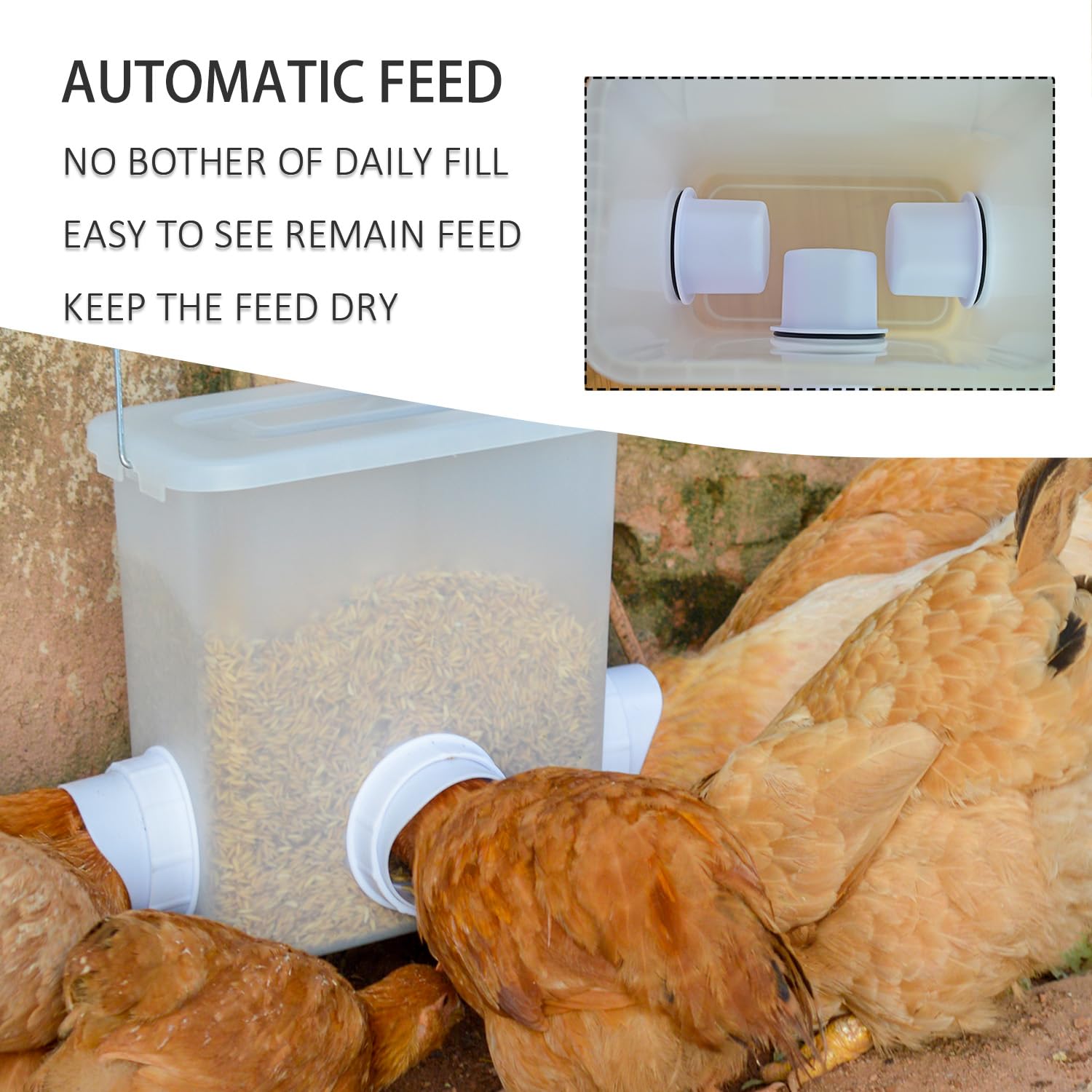Suplklz feeder bucket and waterer cup close-up showing features