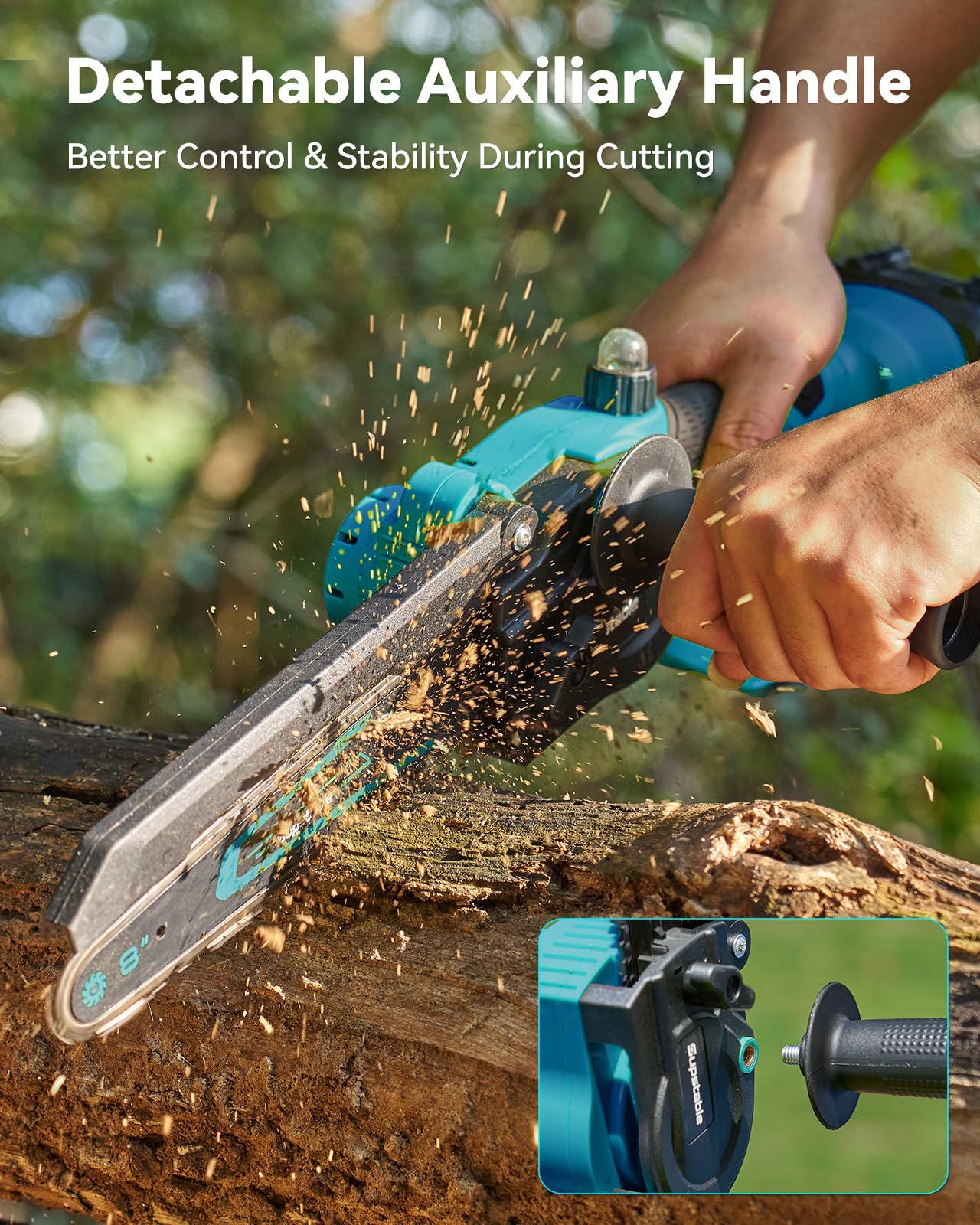 Supstable Mini Chainsaw showing safety features including goggles and gloves
