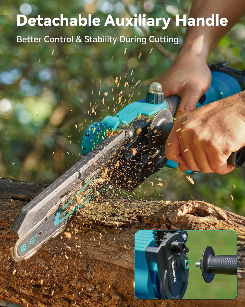 Supstable Mini Chainsaw showing safety features including goggles and gloves