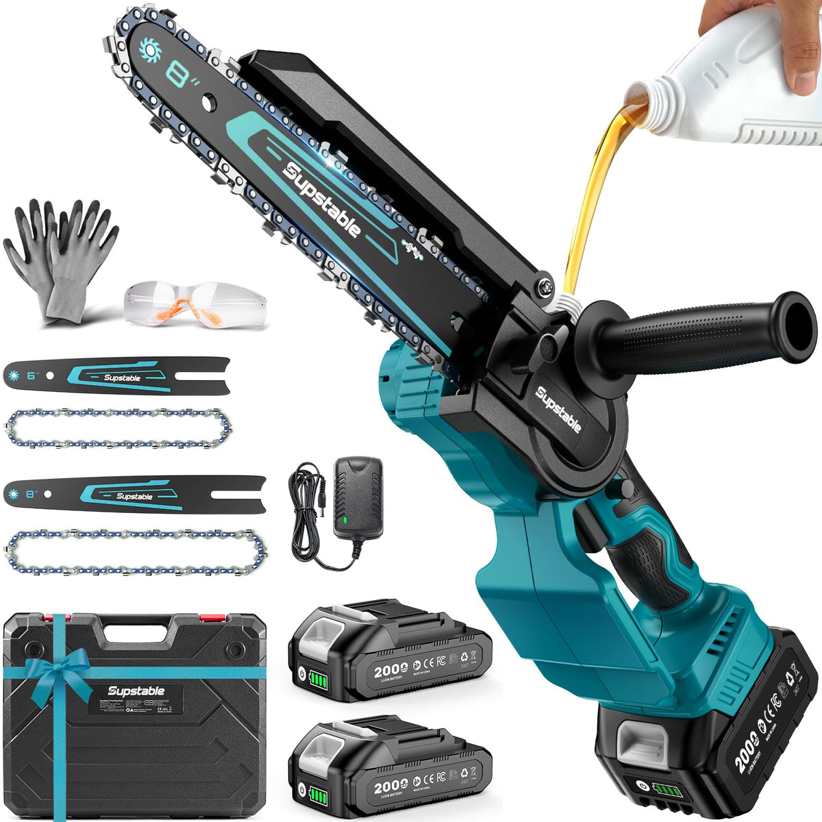 Supstable Mini Chainsaw with 8-inch guide bar front view