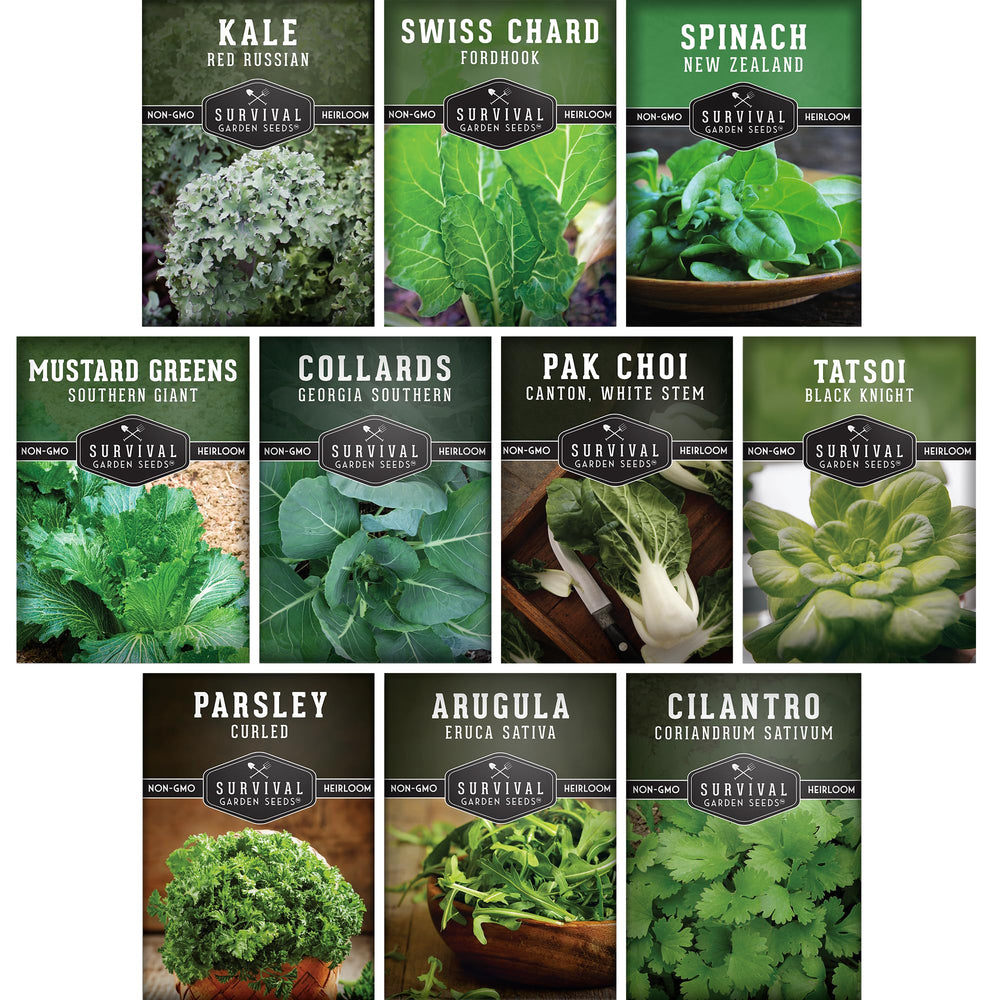 SURVIVAL GARDEN SEEDS 10 Power Greens Seed Variety Pack front view