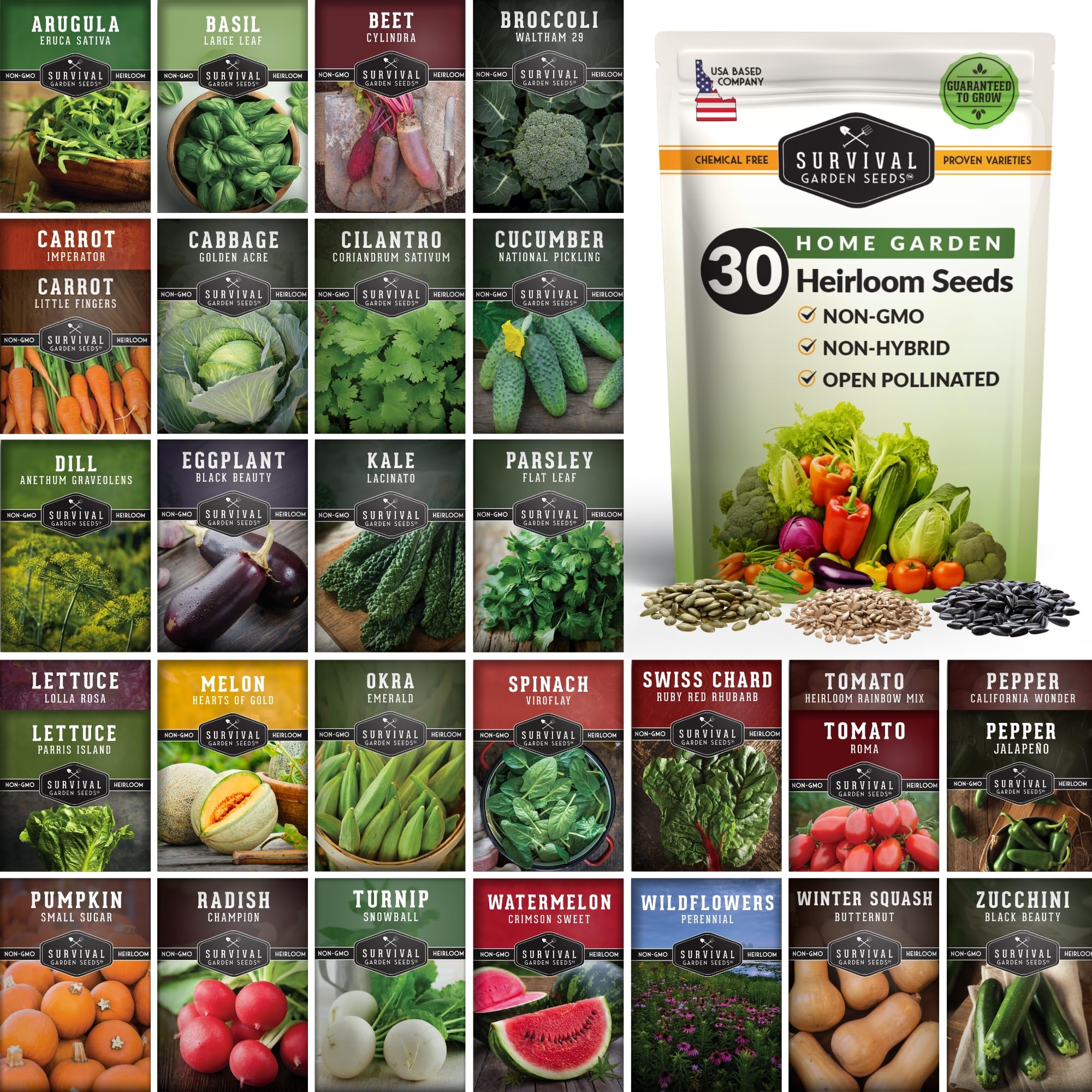 SURVIVAL GARDEN SEEDS 30 Variety Pack front view with assorted seed packets