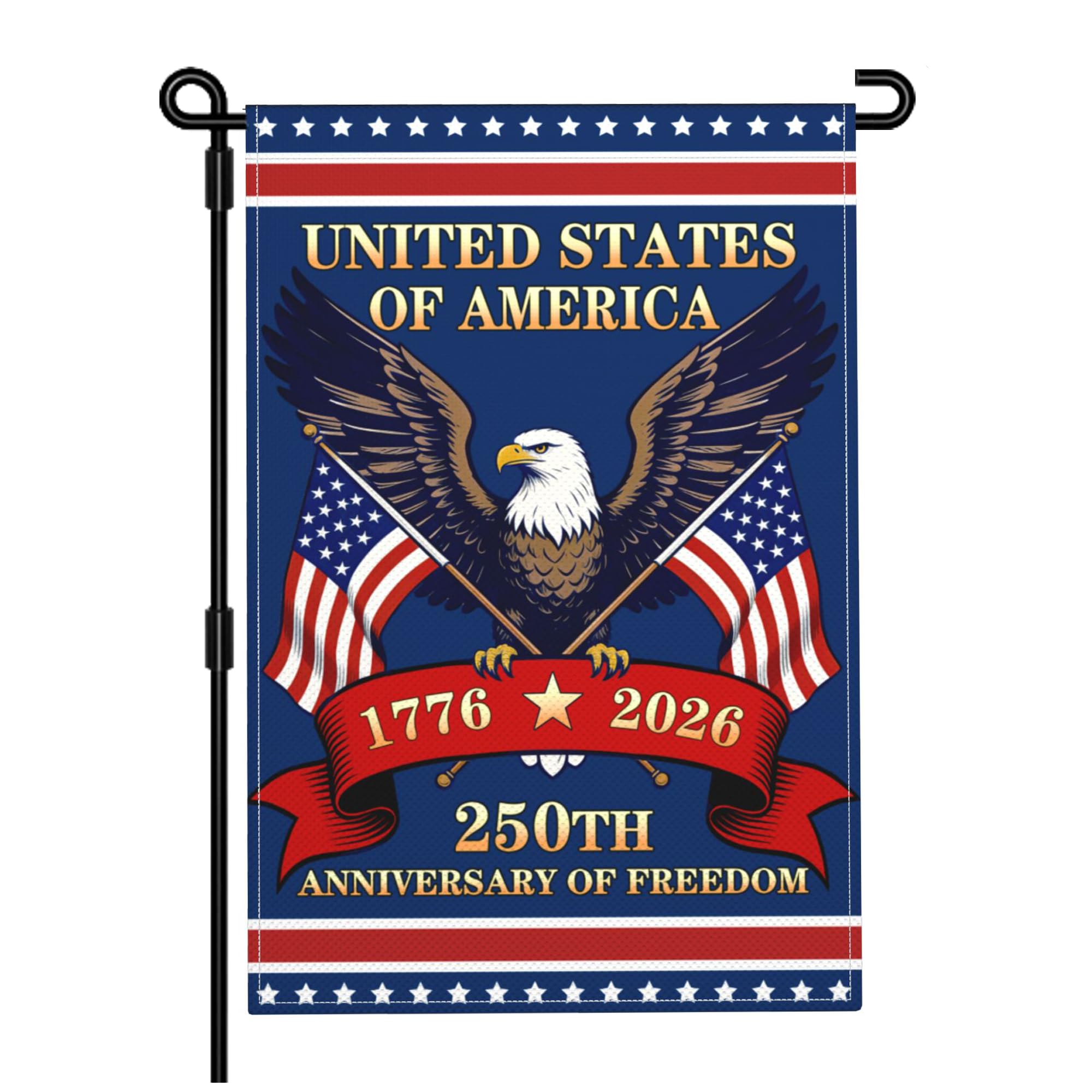 Suswoos 250th Anniversary Flag displayed on a flag stand