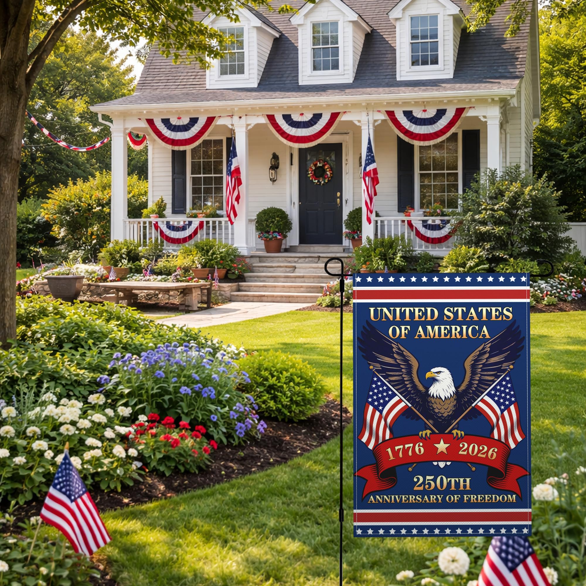 Suswoos garden flag displayed in a garden setting