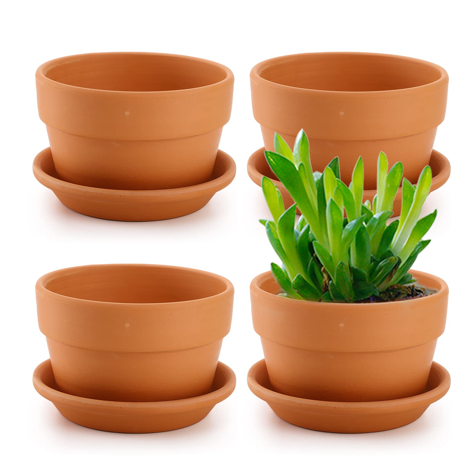 Suwimut 4 Pack Terracotta Pots with Saucer, front view