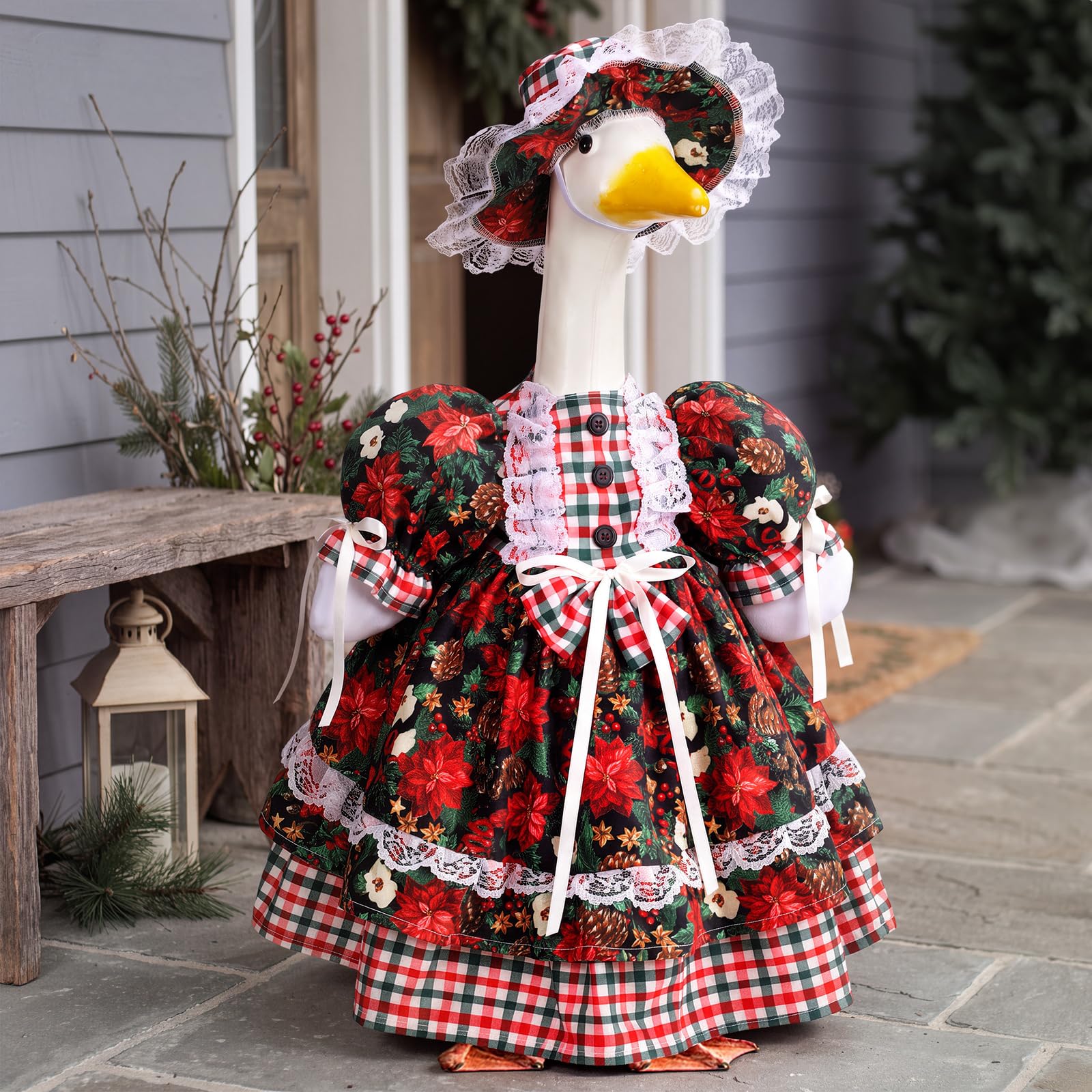 Suzile Christmas Goose Outfit displayed on a garden goose