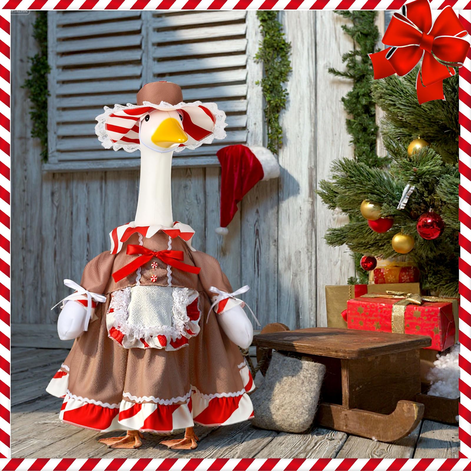 Suzile Christmas Goose Outfit displayed outdoors in a festive garden setting