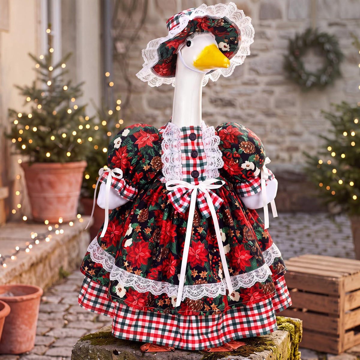 Suzile Christmas Goose Outfit with lace bonnet and dress