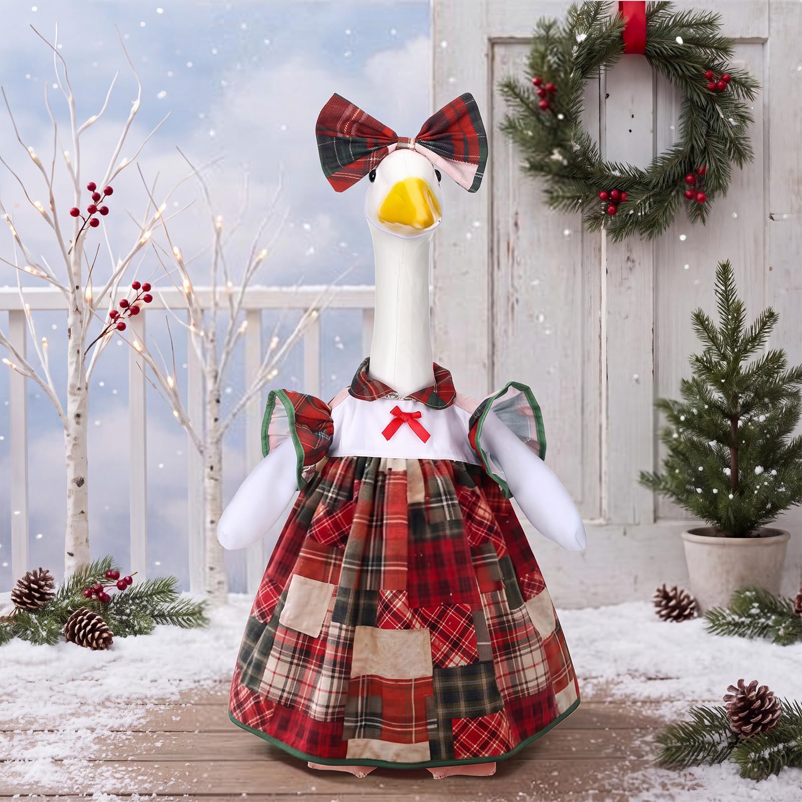 Suzile Christmas Porch Goose Outfit red and green plaid dress with bow headpiece