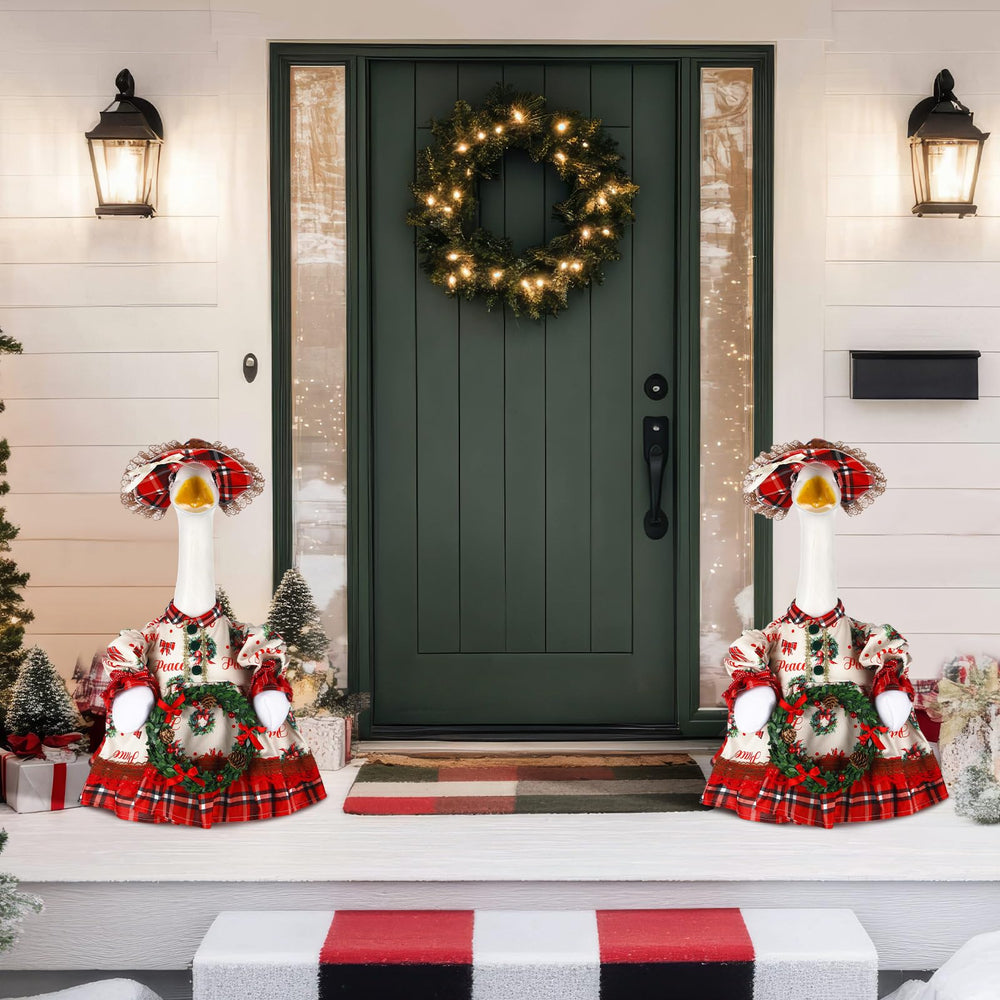 Suzile Christmas wreath goose costume displayed outdoors in a garden