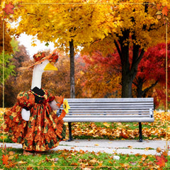 Suzile Fall Goose Costume displayed on a standard 23-inch lawn goose