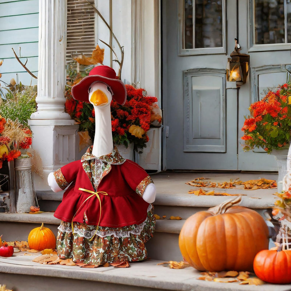 Suzile Fall Goose Outfit on a 23 inch lawn goose in garden