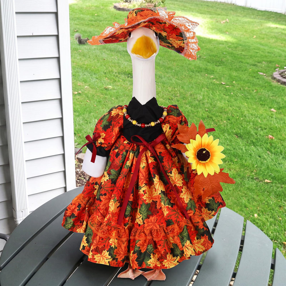 Suzile Fall Maple Porch Goose Outfit front view with autumn cape and cap
