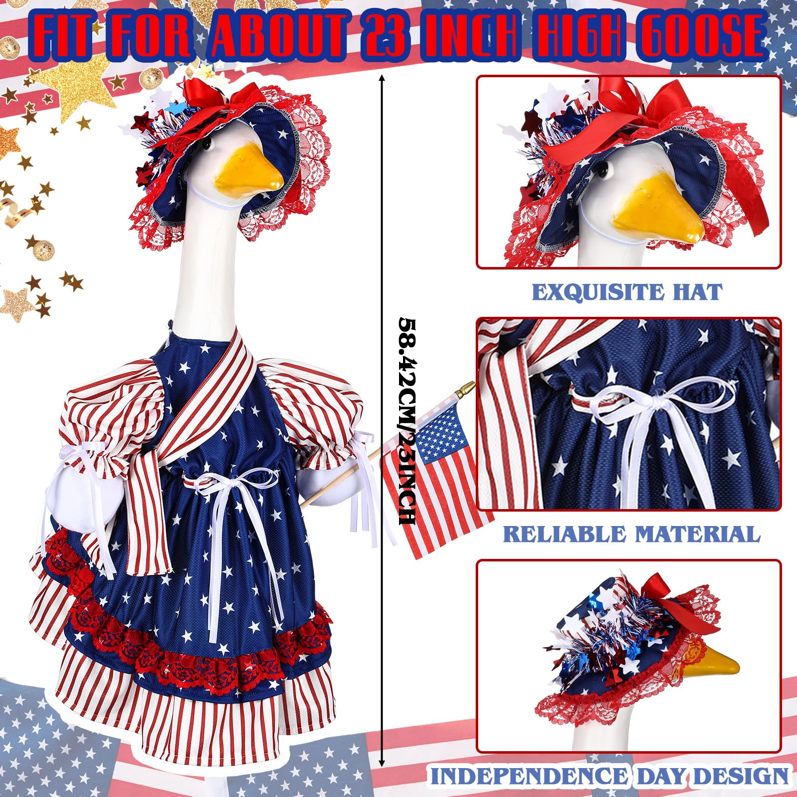 Suzile goose costume featuring red, white, and blue design with American flag
