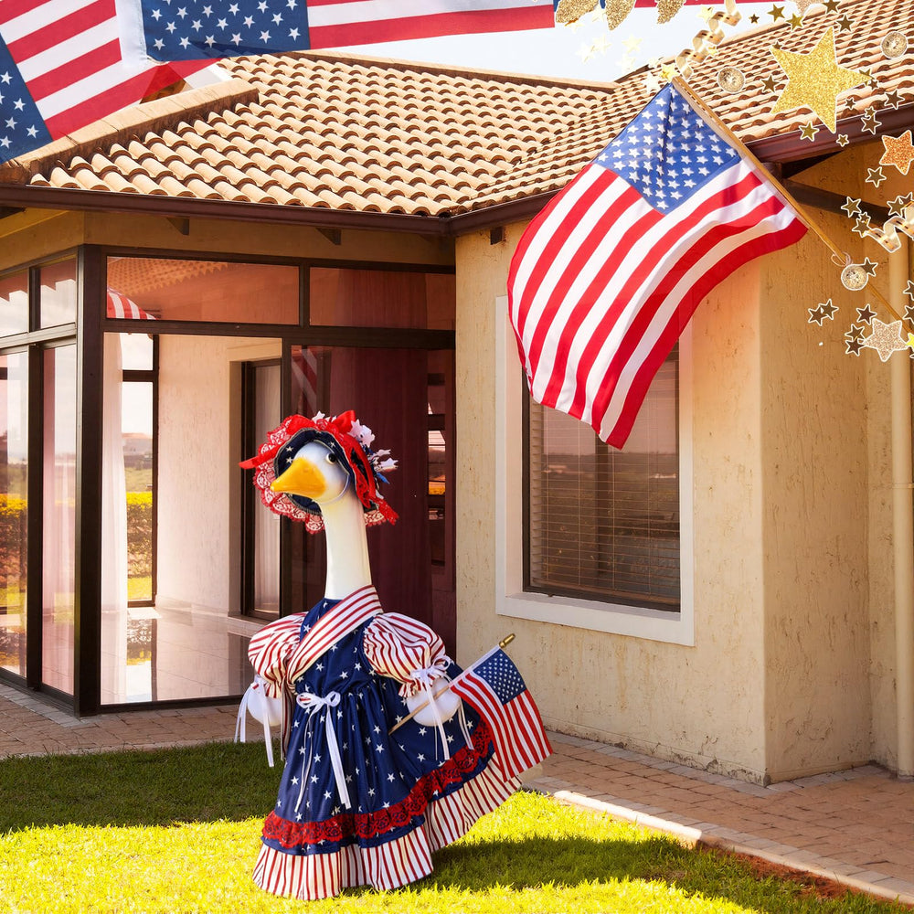 Suzile goose outfit displayed on a garden goose outdoors