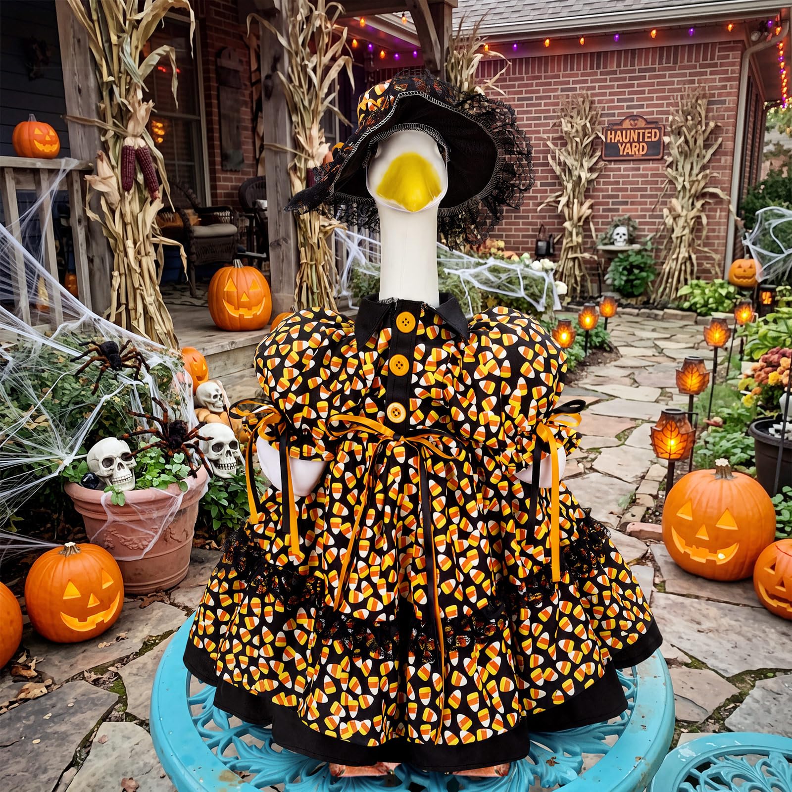 Suzile Halloween Corn Goose Outfit displayed in a garden setting