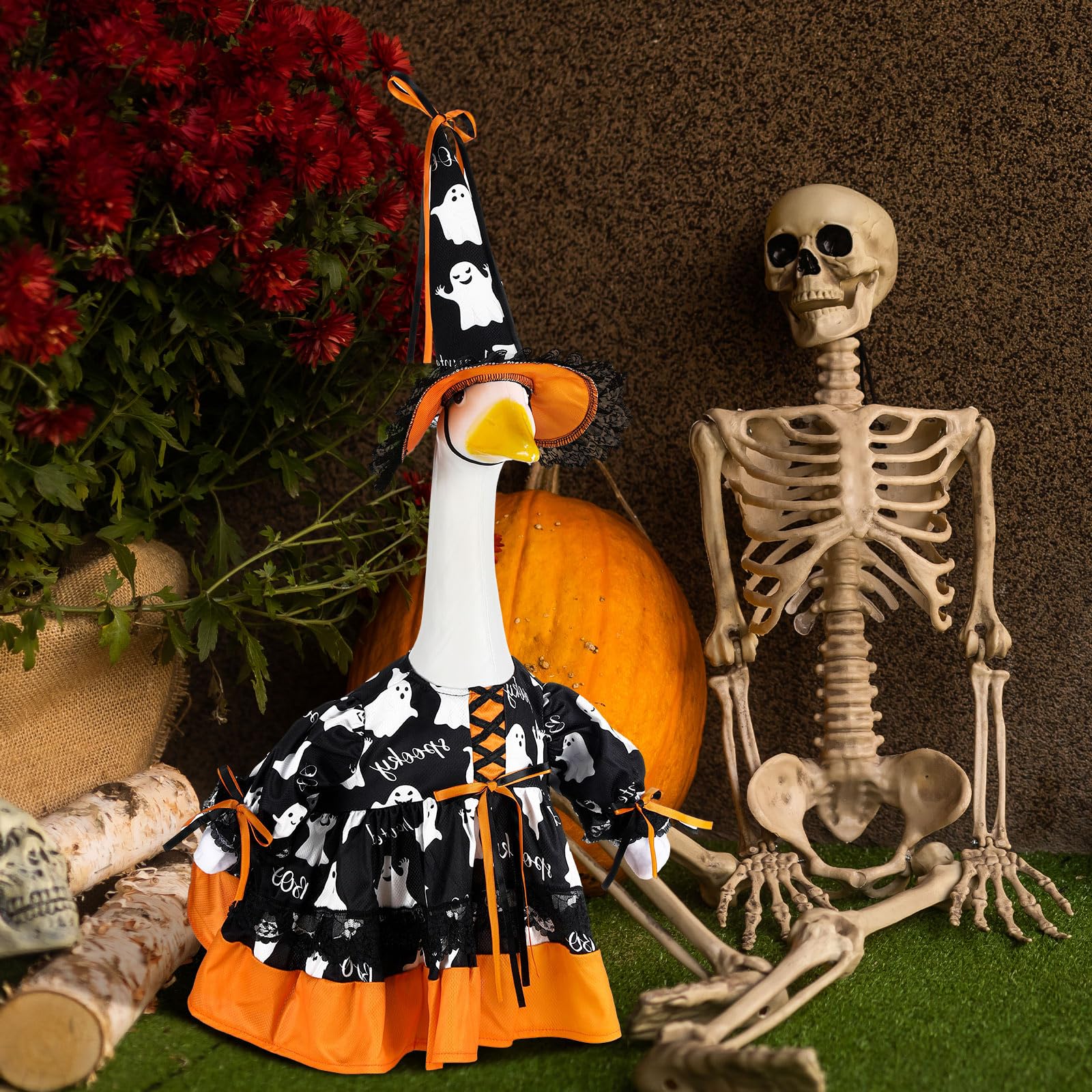 Suzile Halloween goose costume displayed on a lawn goose
