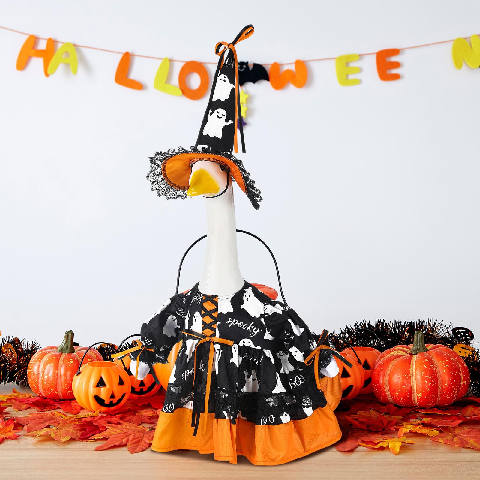 Suzile Halloween goose skirt featuring bright Halloween patterns