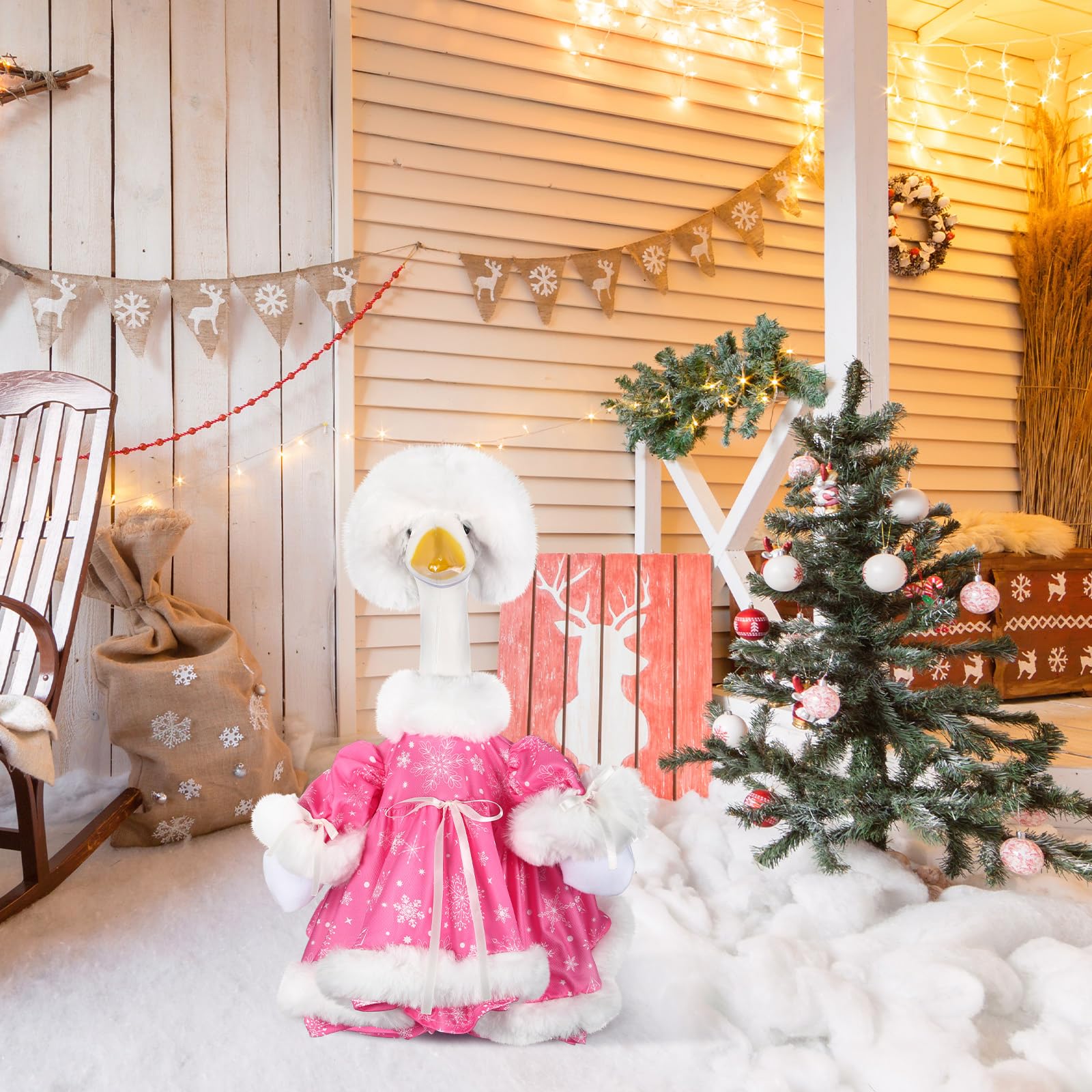 Suzile pink goose costume with Xmas cap and cape