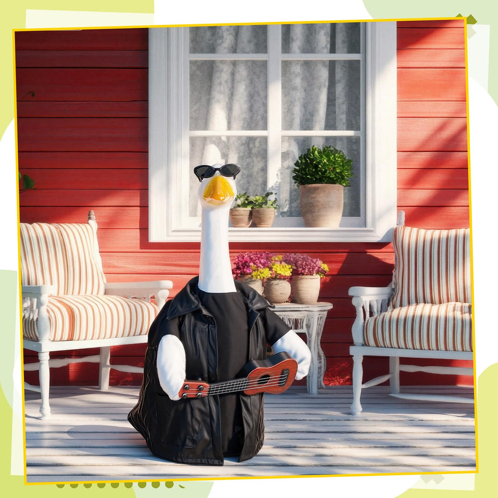 Suzile Porch Goose Costume displayed on a garden goose
