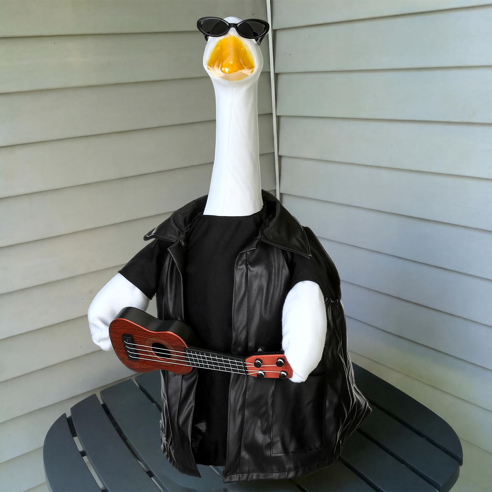 Suzile Porch Goose Costume Set front view with leather jacket and ukulele