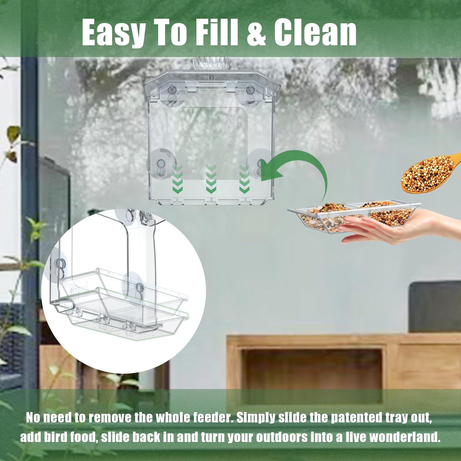SVEDVK Clear Window Bird Feeder shown installed on a window