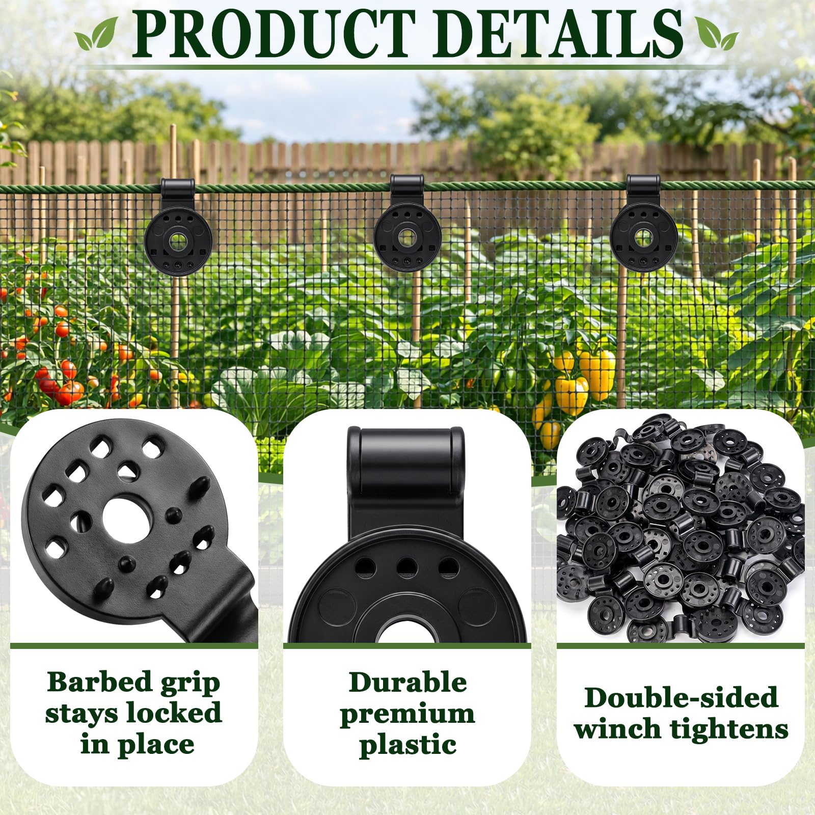 Svepndic clips securing a mesh tarp in a garden