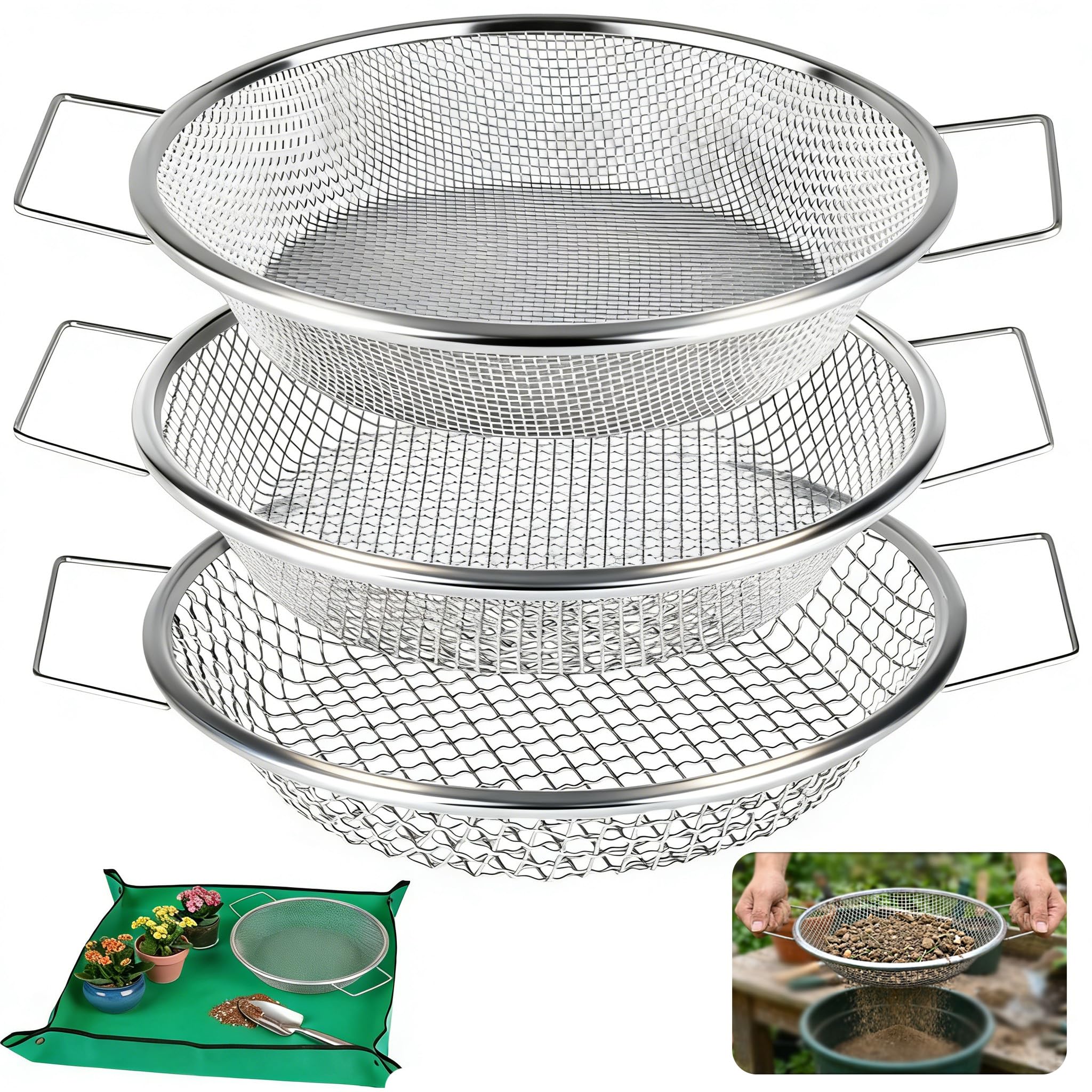 Svincolare 3PCS Soil Sifter Set with handles and mesh sizes