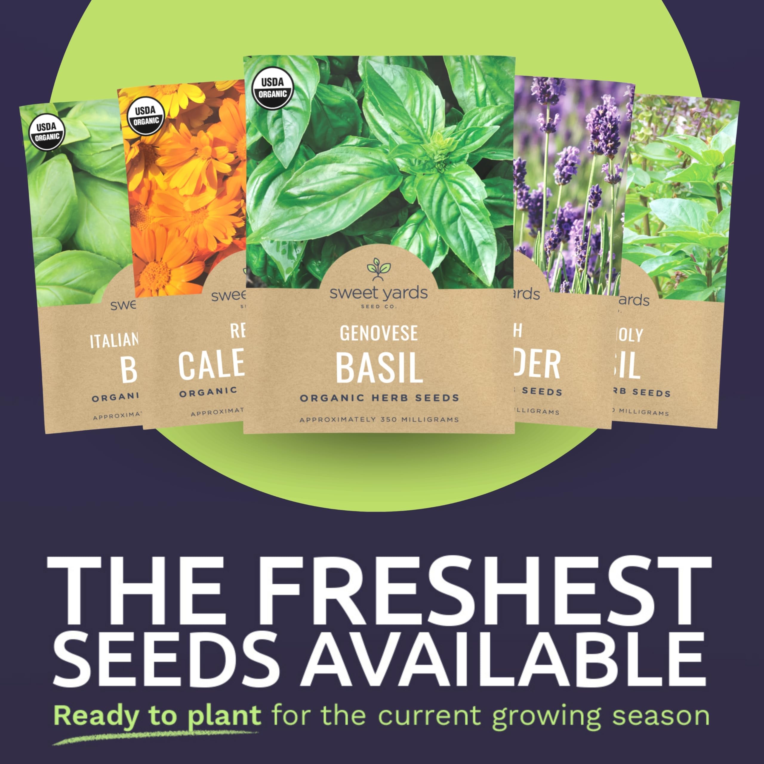 SWEET YARDS herb seeds variety pack with vibrant herbs in a garden setting