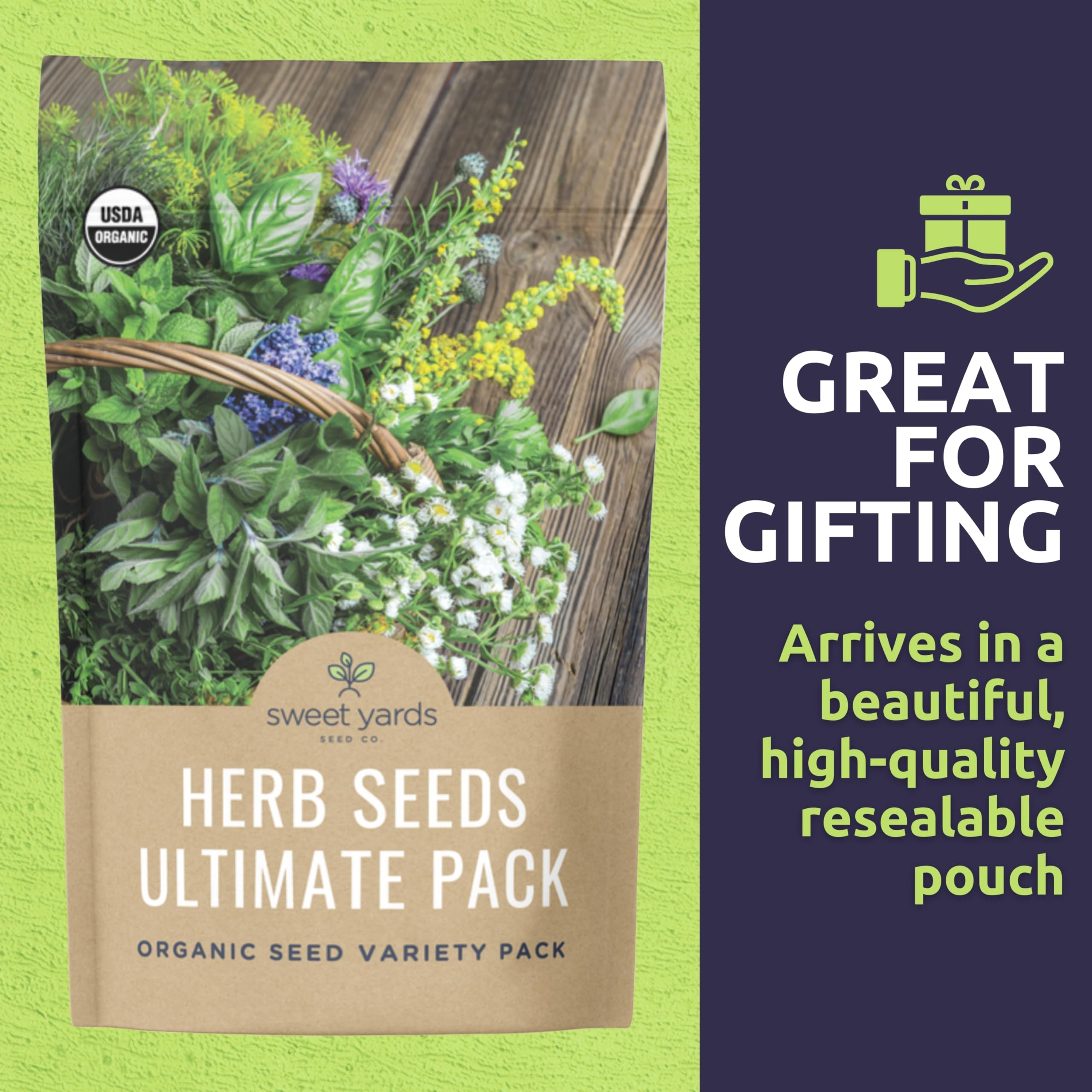 SWEET YARDS Organic Herb Seeds Variety Pack displayed on a wooden table
