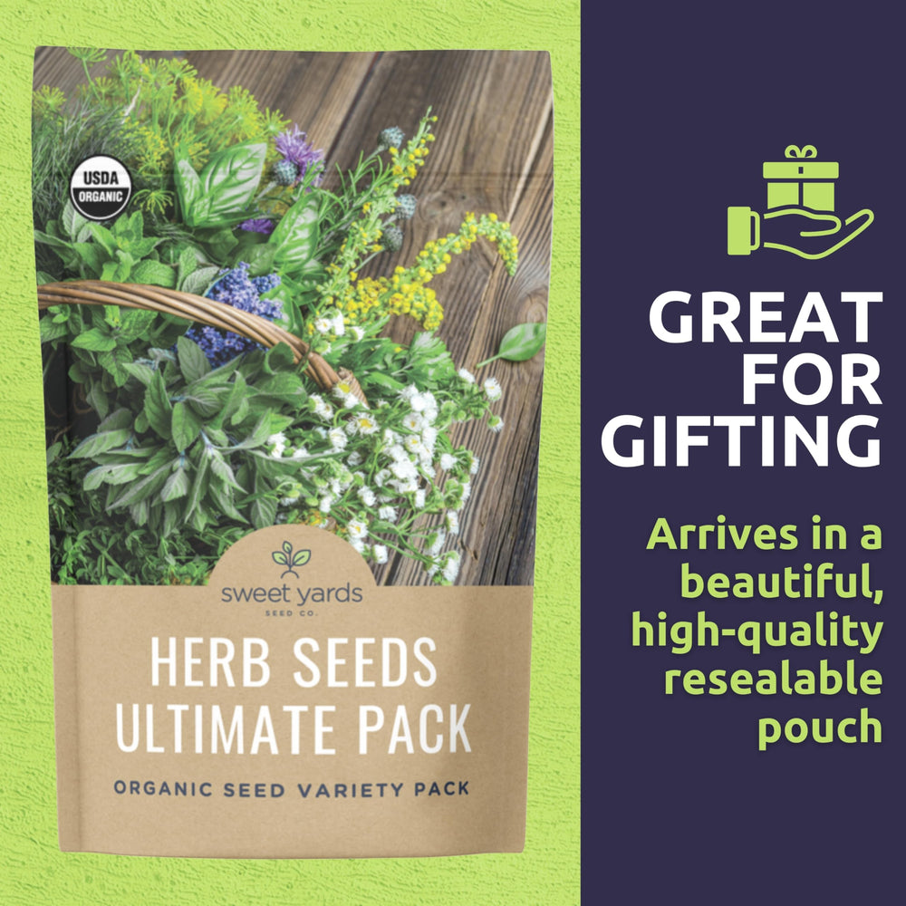 SWEET YARDS Organic Herb Seeds Variety Pack displayed on a wooden table