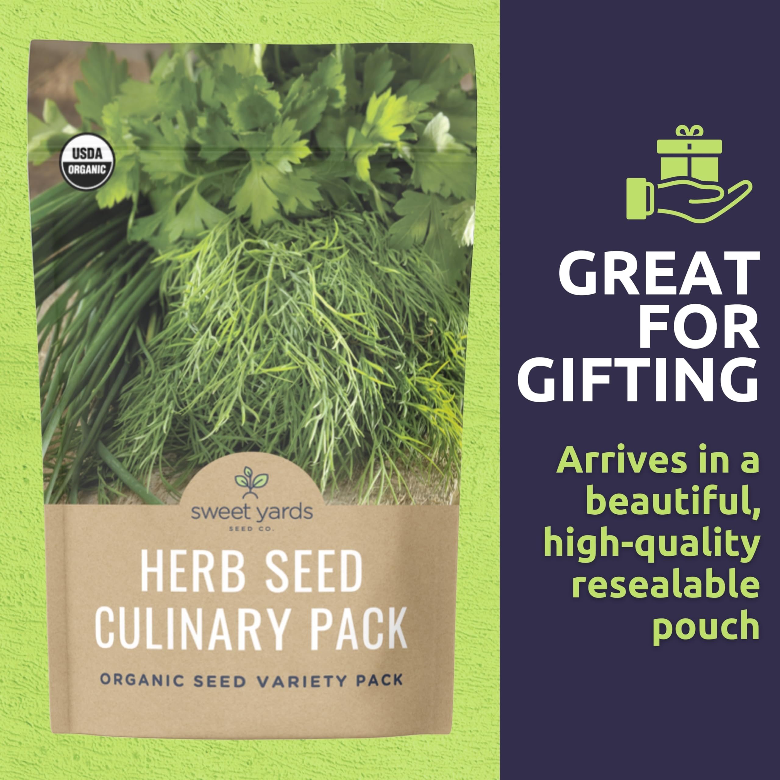 SWEET YARDS Organic Herb Seeds Variety Pack displayed outdoors