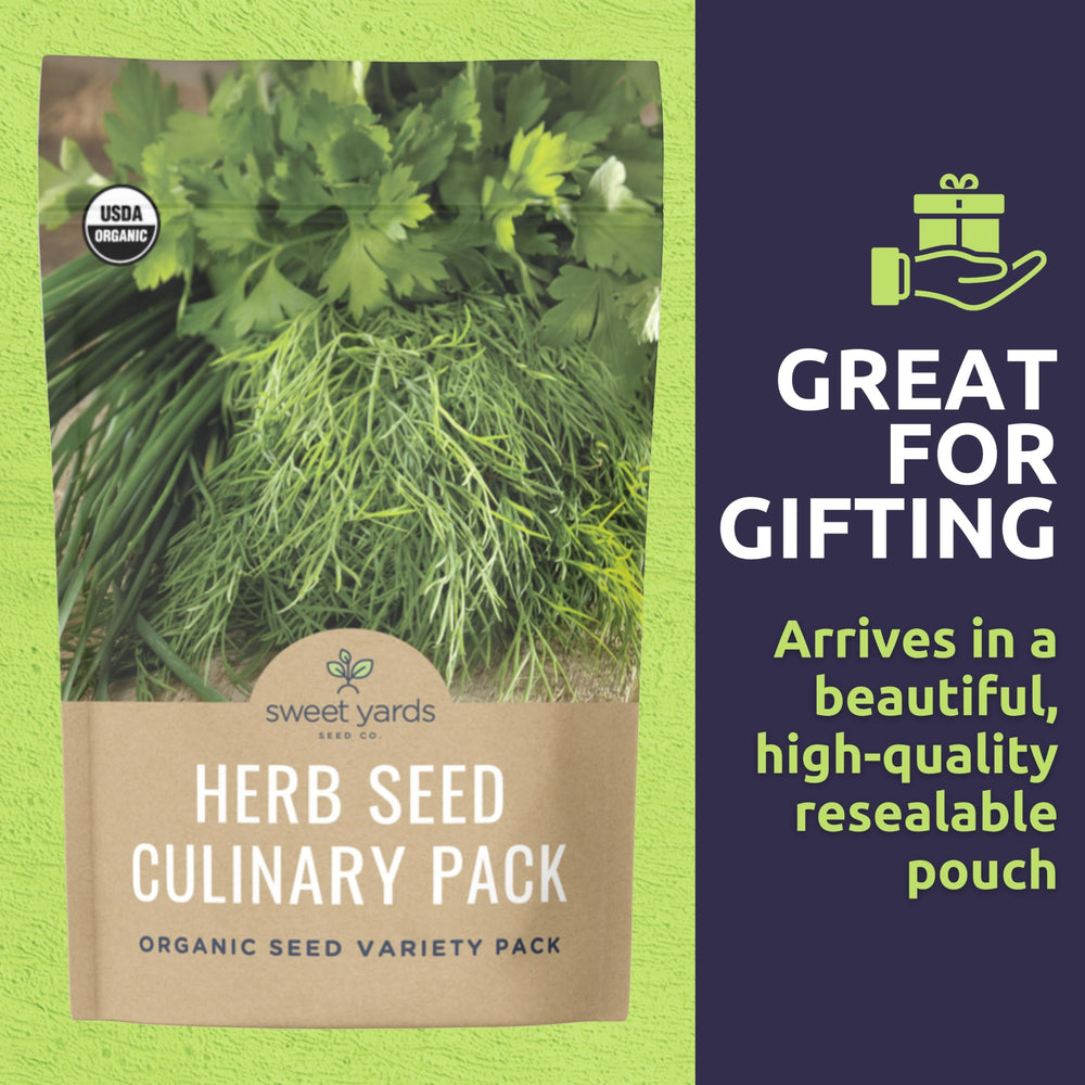 SWEET YARDS Organic Herb Seeds Variety Pack displayed outdoors