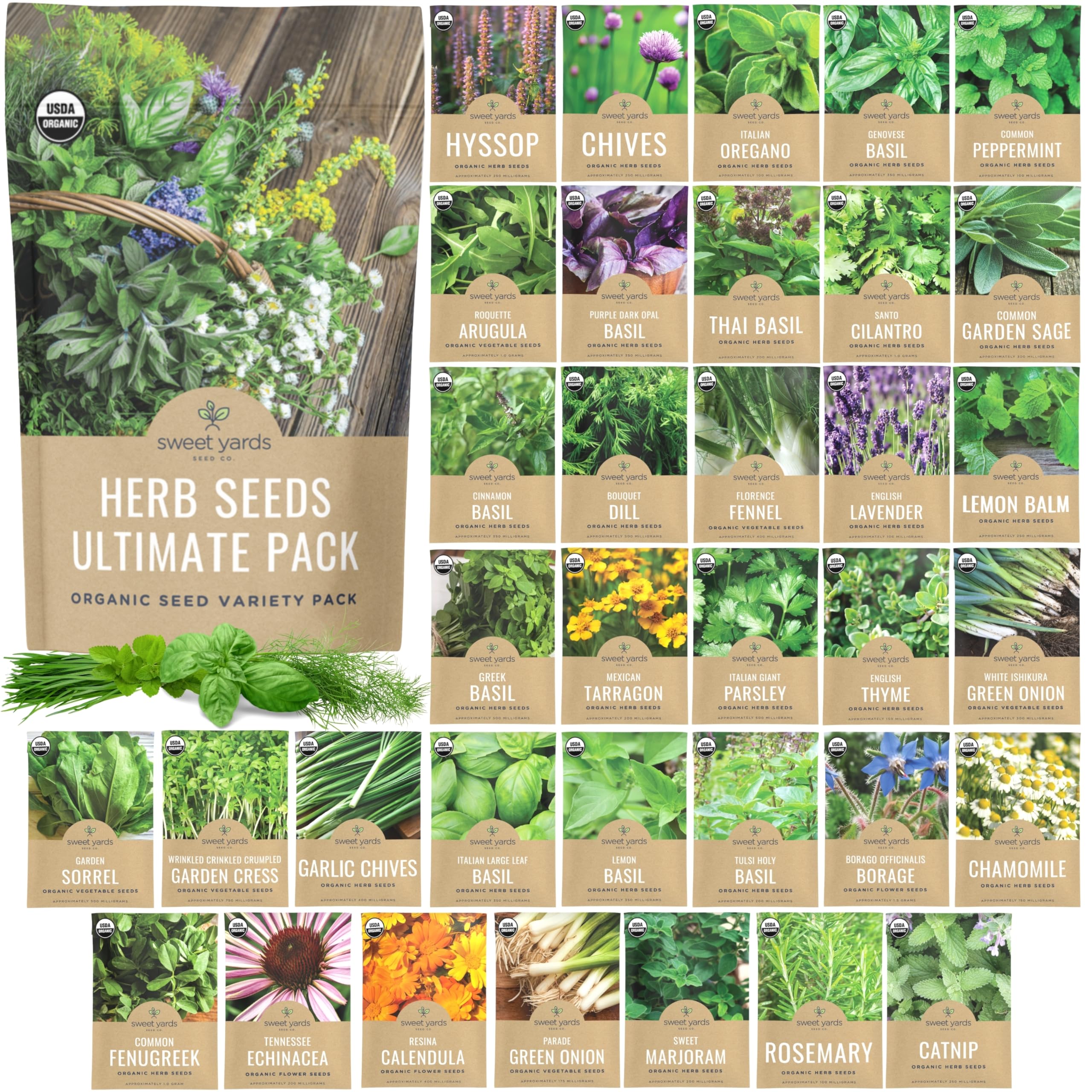 SWEET YARDS Organic Herb Seeds Variety Pack front view with 35 individual packets