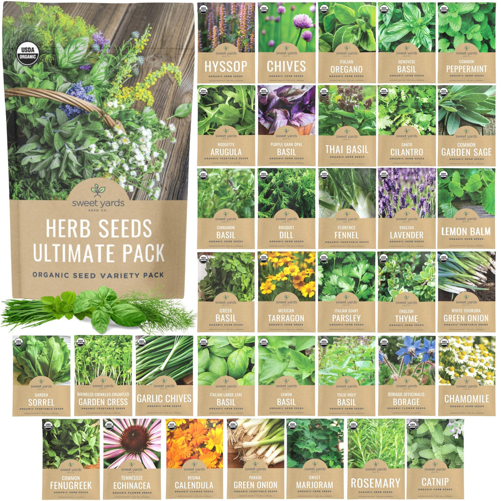 SWEET YARDS Organic Herb Seeds Variety Pack front view with 35 individual packets