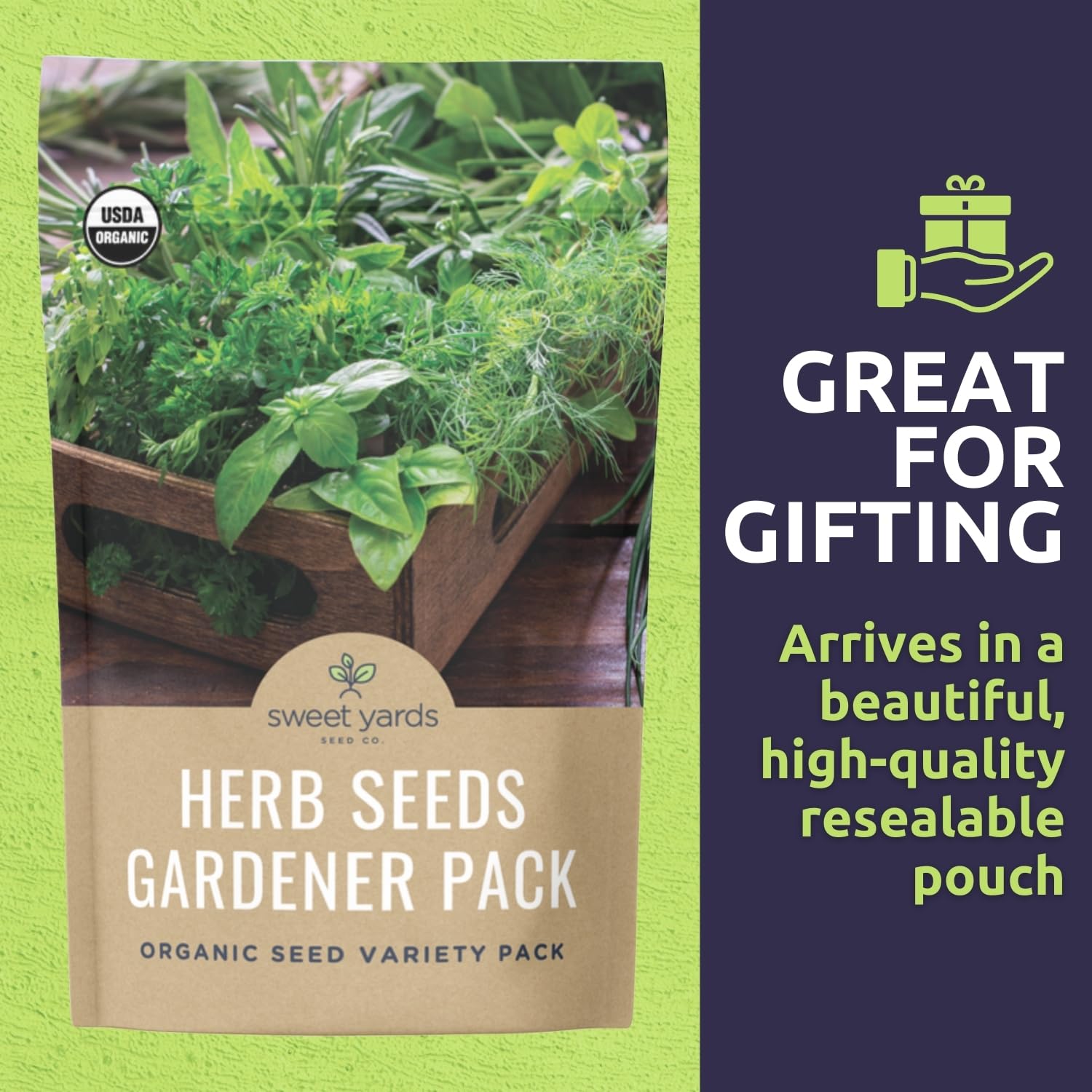 SWEET YARDS Organic Herb Seeds Variety Pack on a kitchen counter