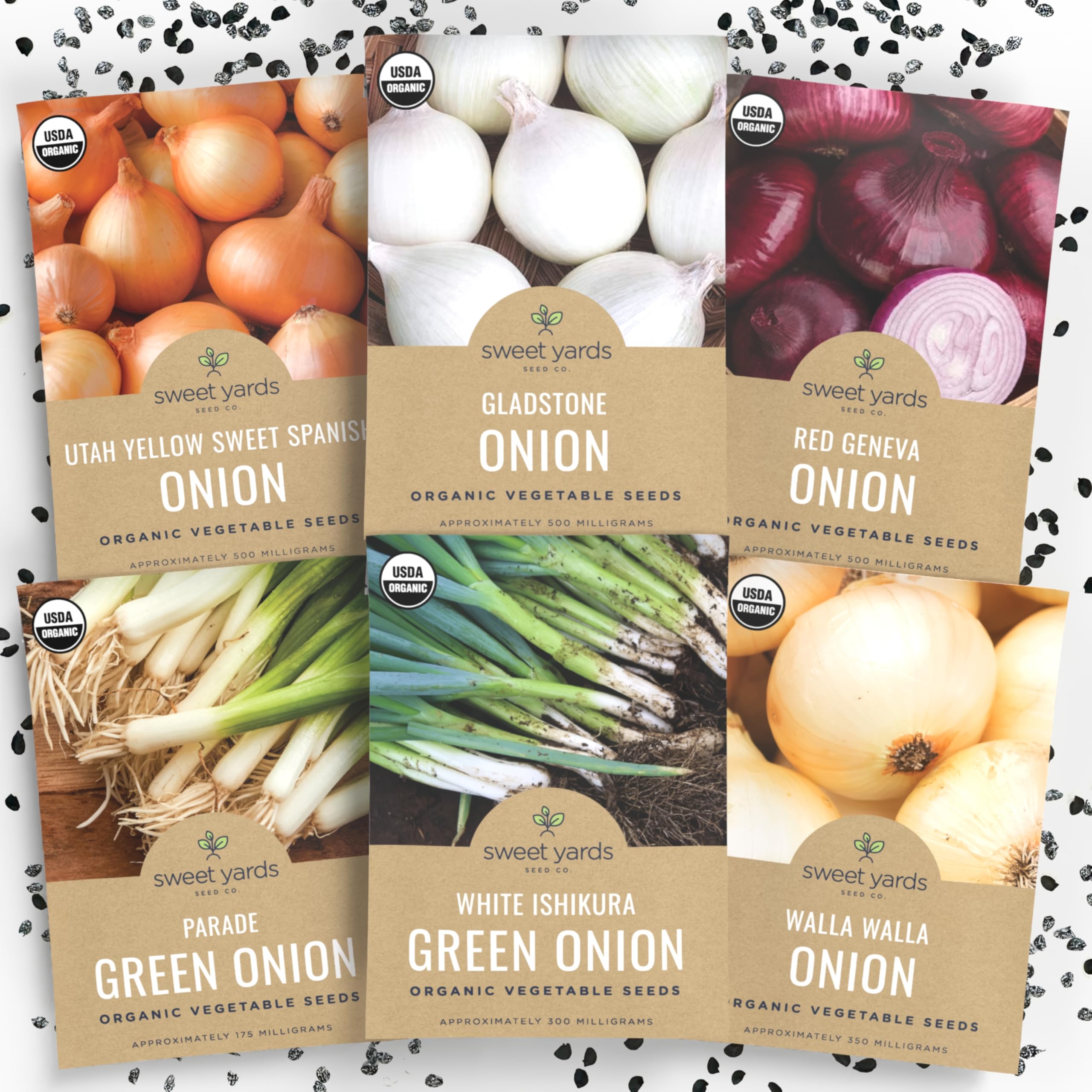 SWEET YARDS Organic Onion Seeds Variety Pack front view with packaging