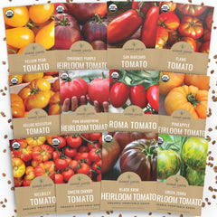 SWEET YARDS Organic Tomato Seeds Variety Pack front view with 12 seed packets