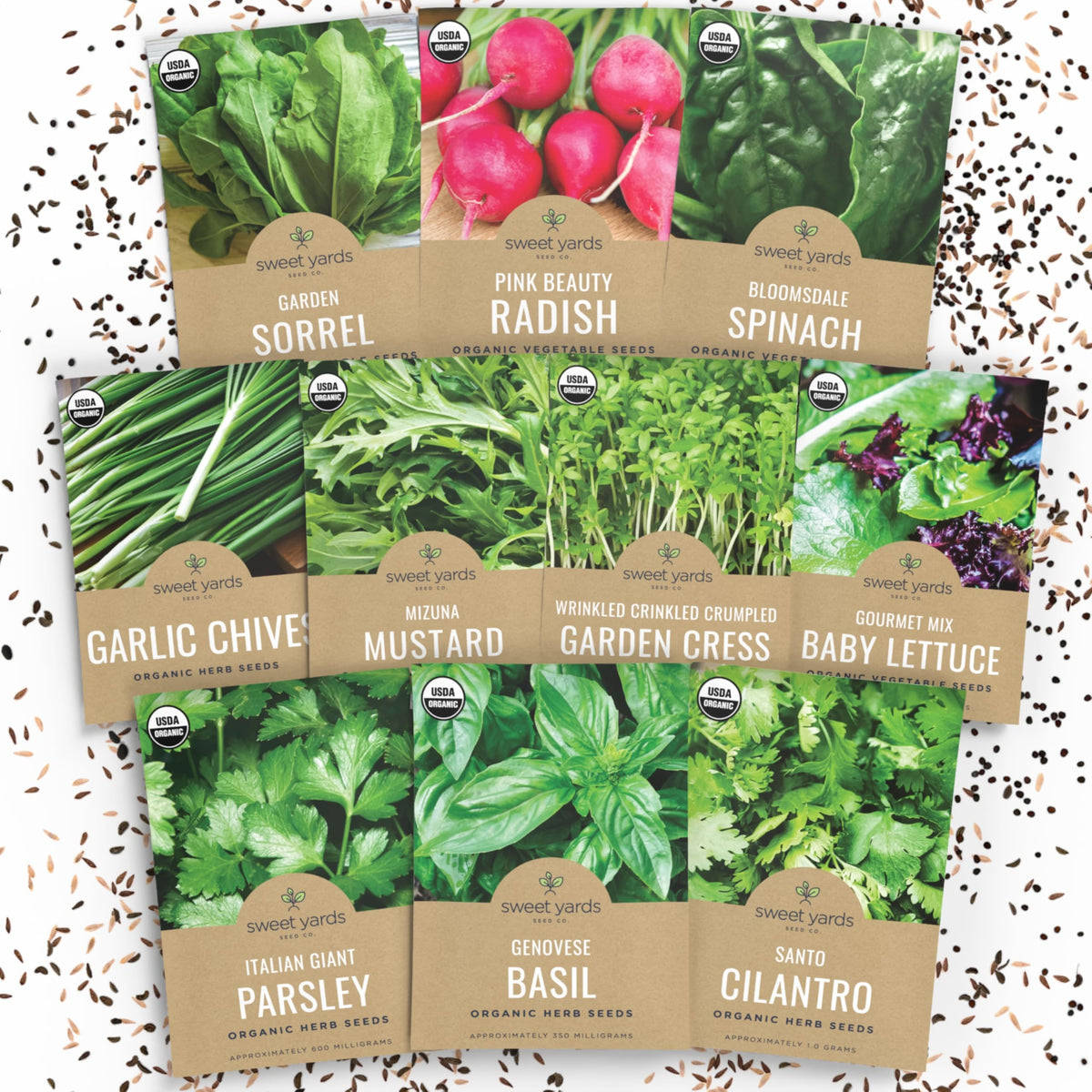 SWEET YARDS Organic Window Sill Seeds Variety Pack including 10 individual seed packets