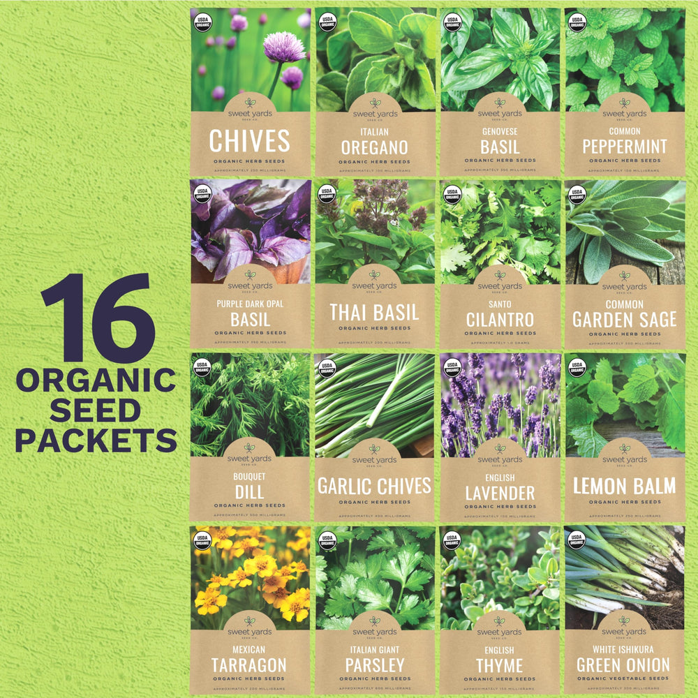SWEET YARDS seed packets including Basil, Cilantro, and Lavender