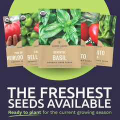 SWEET YARDS seeds on a wooden table with gardening tools