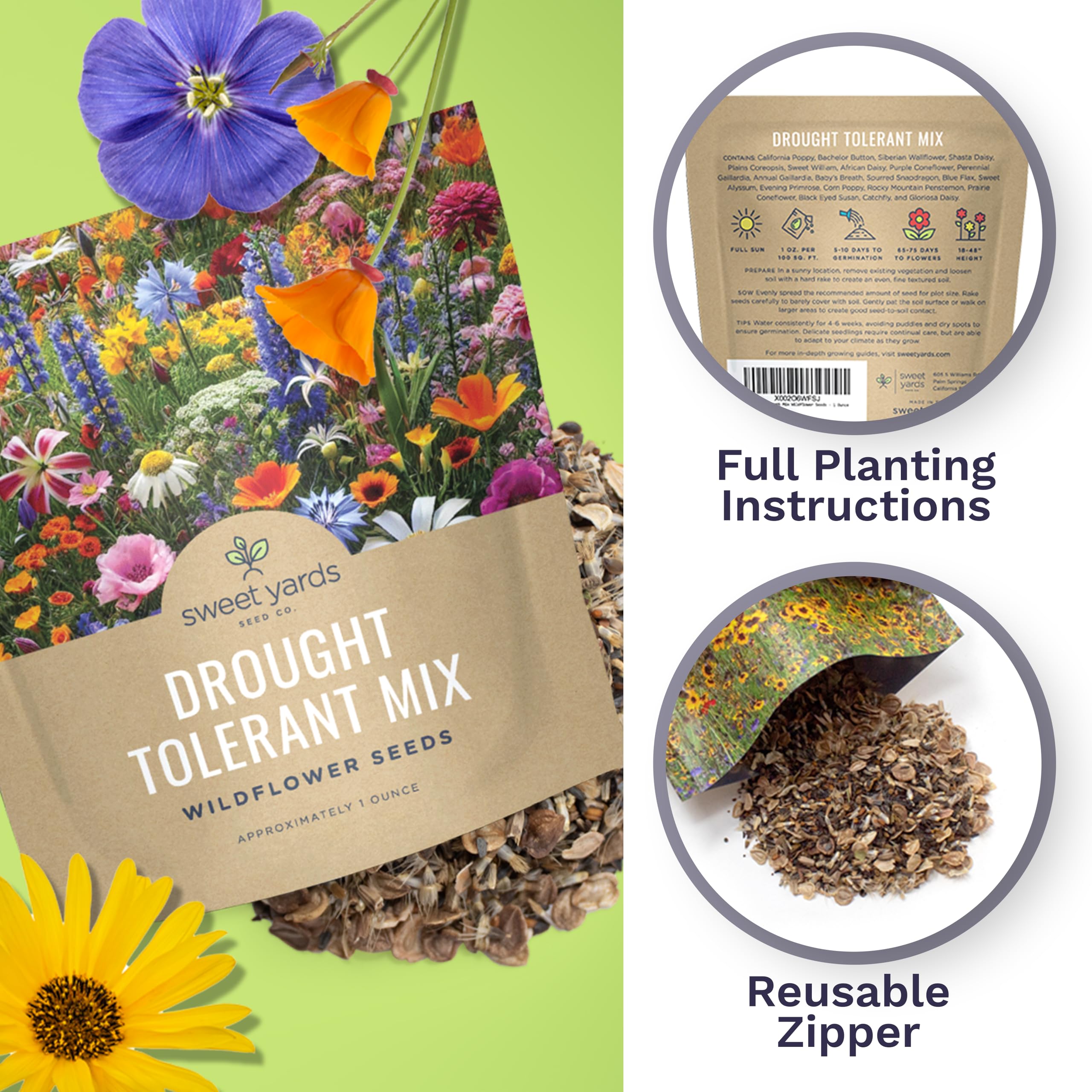 SWEET YARDS wildflower seeds packet side view