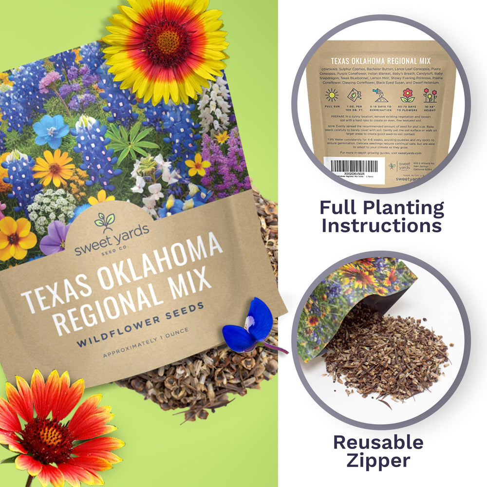 SWEET YARDS wildflower seeds spread out on a table