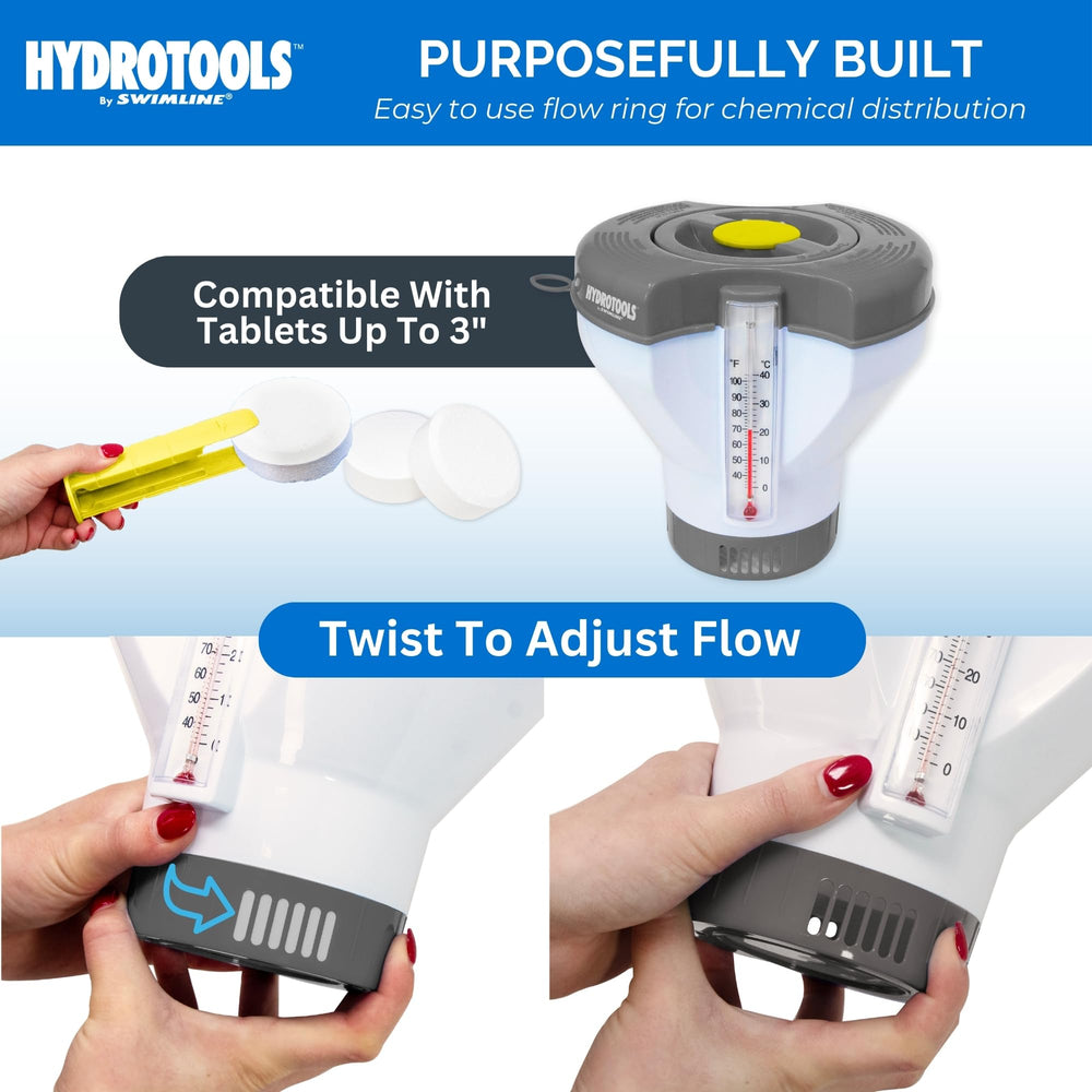 Swimline chlorine tablet dispenser side view with yellow tongs