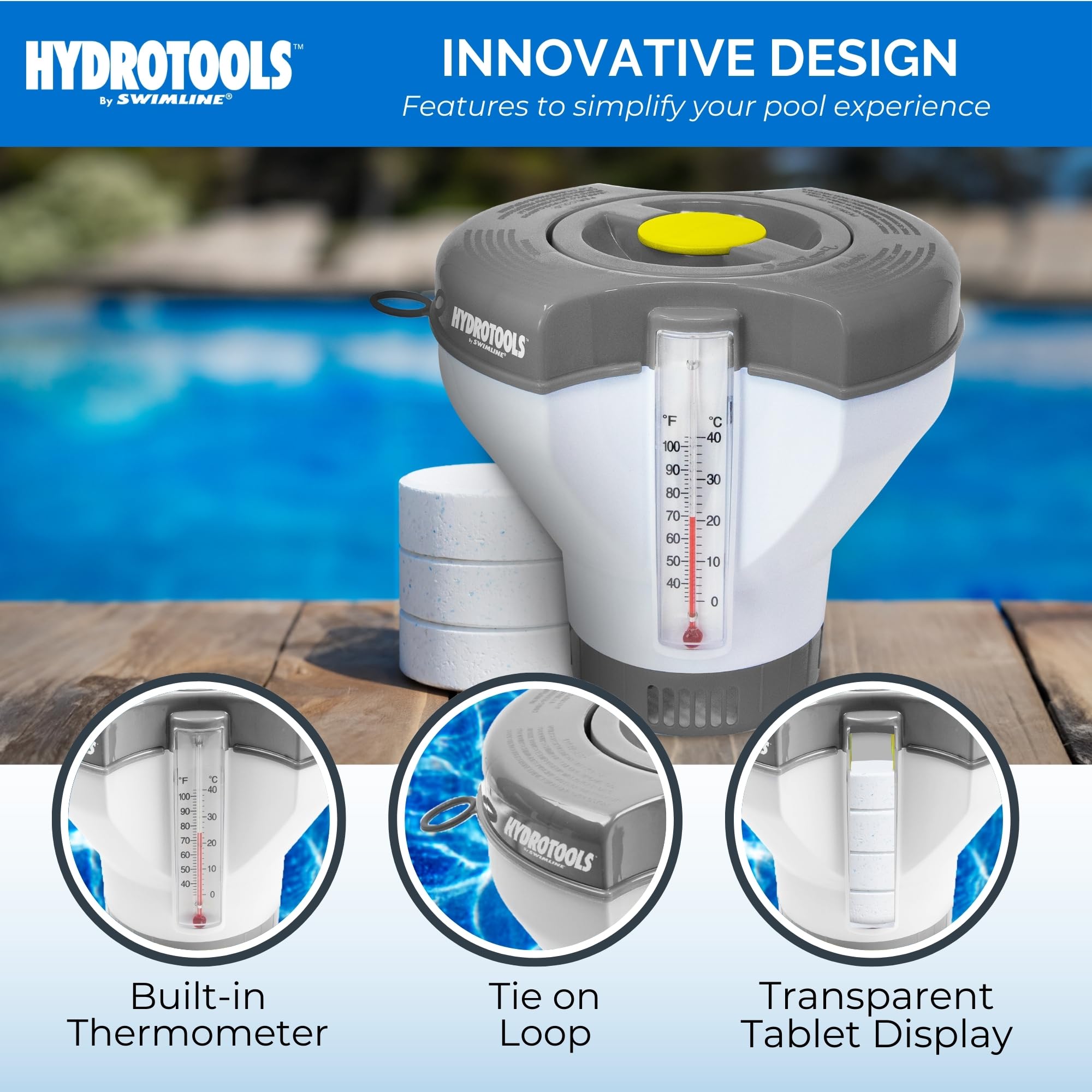 Swimline chlorine tablet dispenser with thermometer floating in water