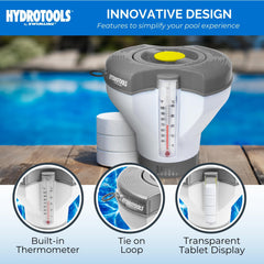 Swimline chlorine tablet dispenser with thermometer floating in water