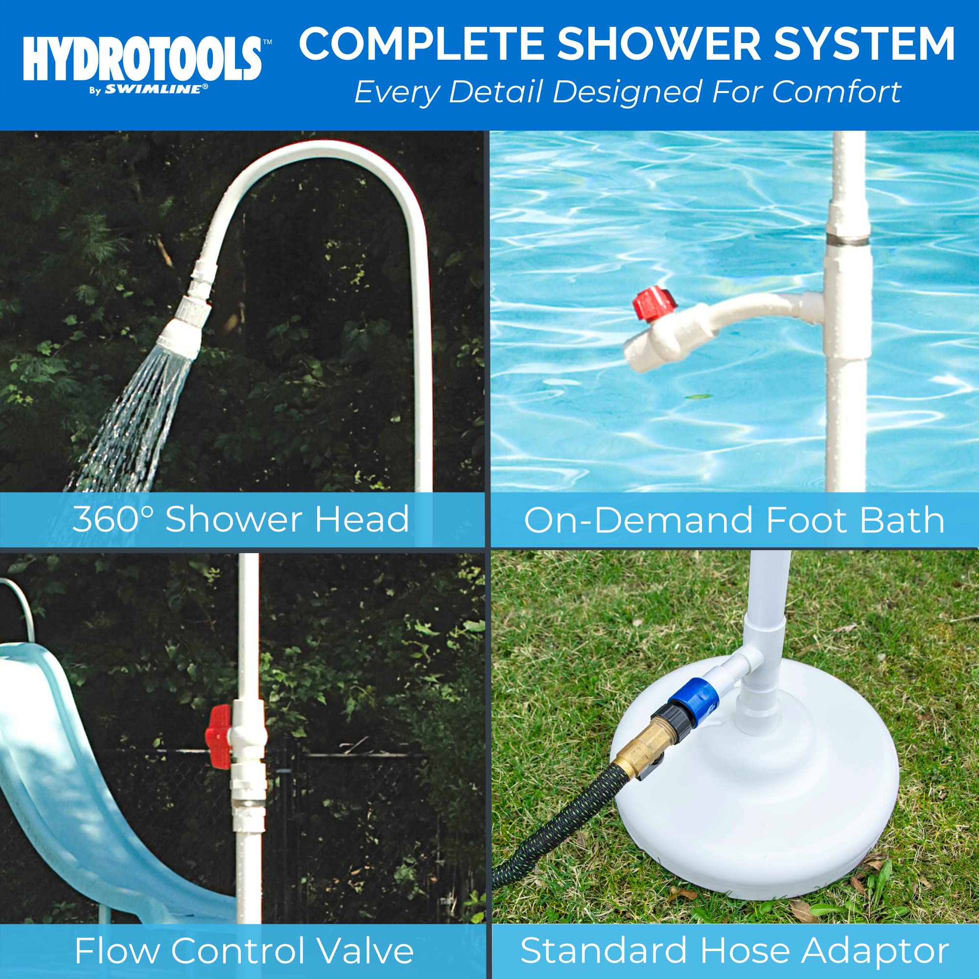 Swimline Poolside Shower showing integrated foot wash spigot