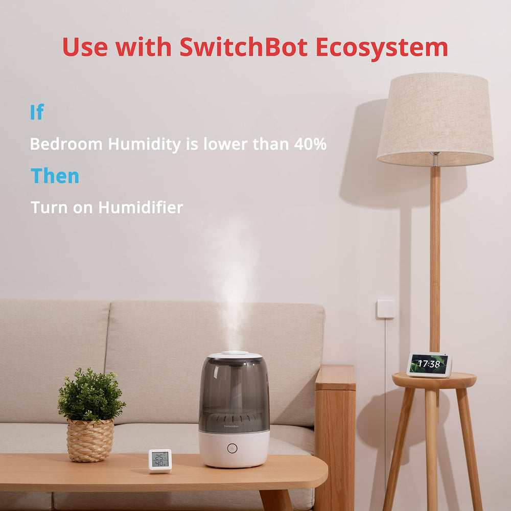 SwitchBot Hygrometer with smartphone displaying app notifications